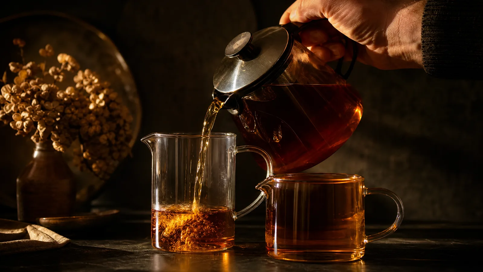 A hand pouring amber tea into a tall glass jug beside a short jug already full, on a dark counter