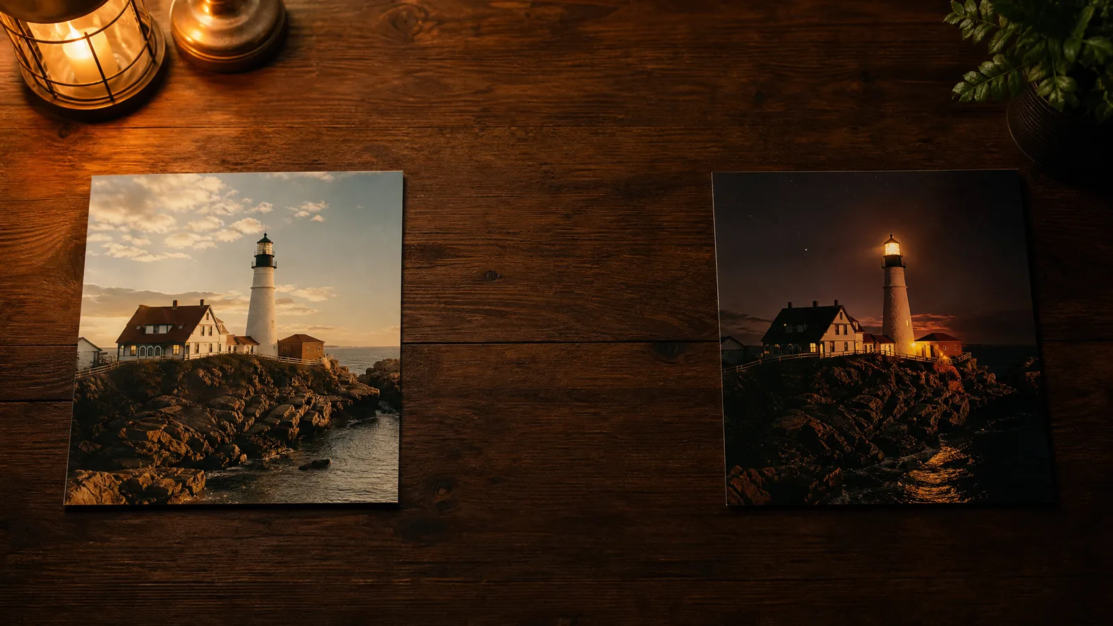 Two prints of the same lighthouse, one by day and one by night, placed far apart on a walnut table