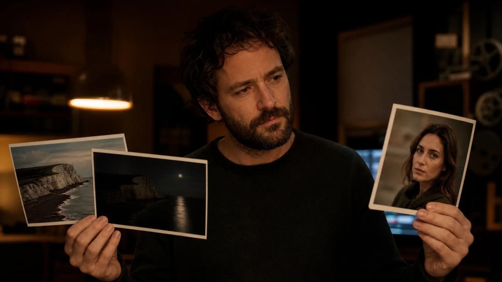 Bearded man holding two coastal photos in one hand and a woman’s portrait print in the other
