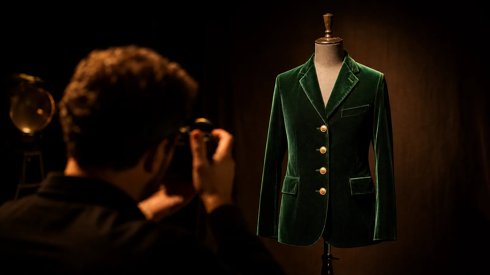 A photographer shooting a reference picture of an emerald velvet jacket on a dress form under a warm spotlight