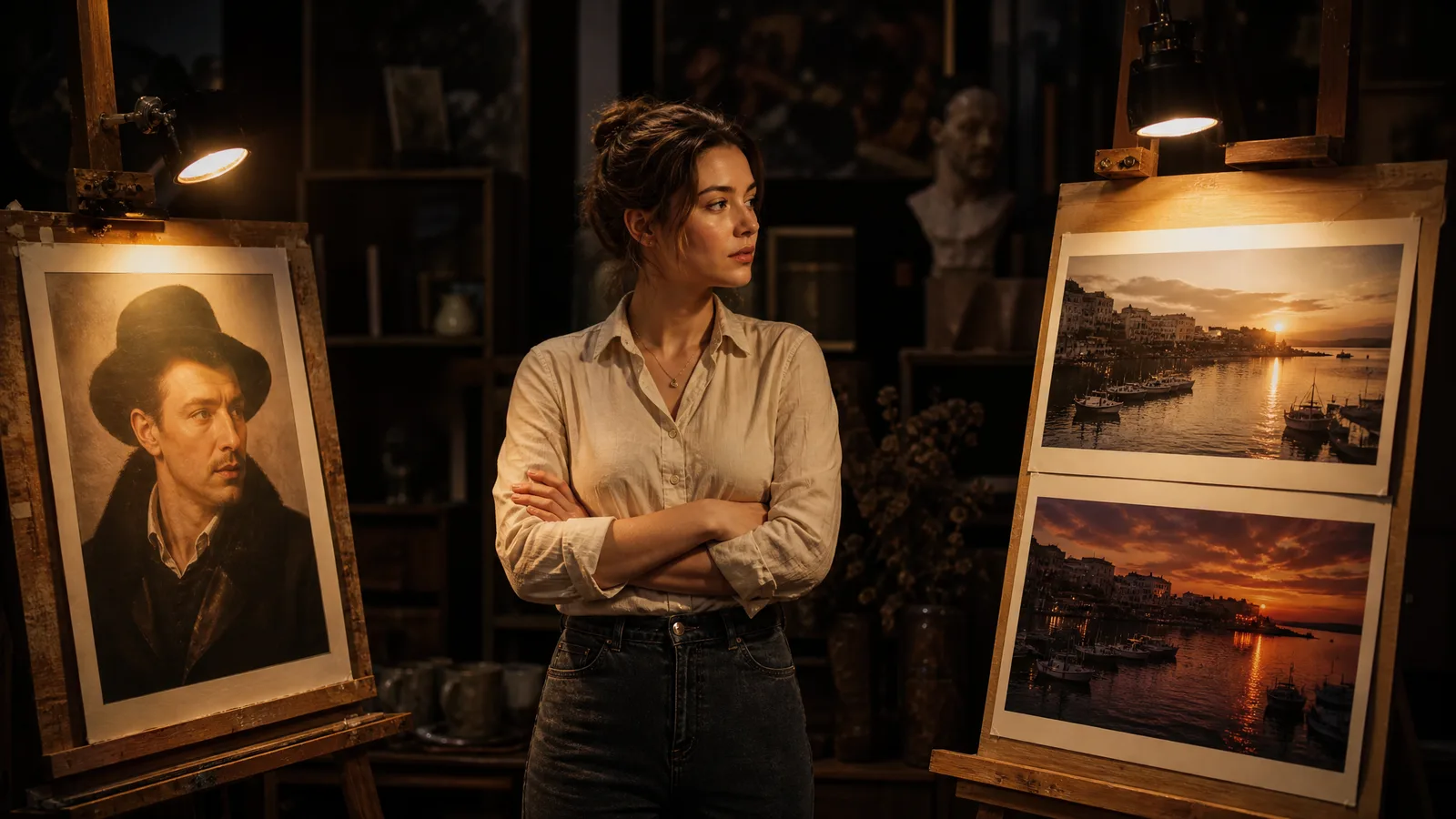 A woman between two easels: one holds a portrait print, the other two prints of a harbour at dawn and dusk