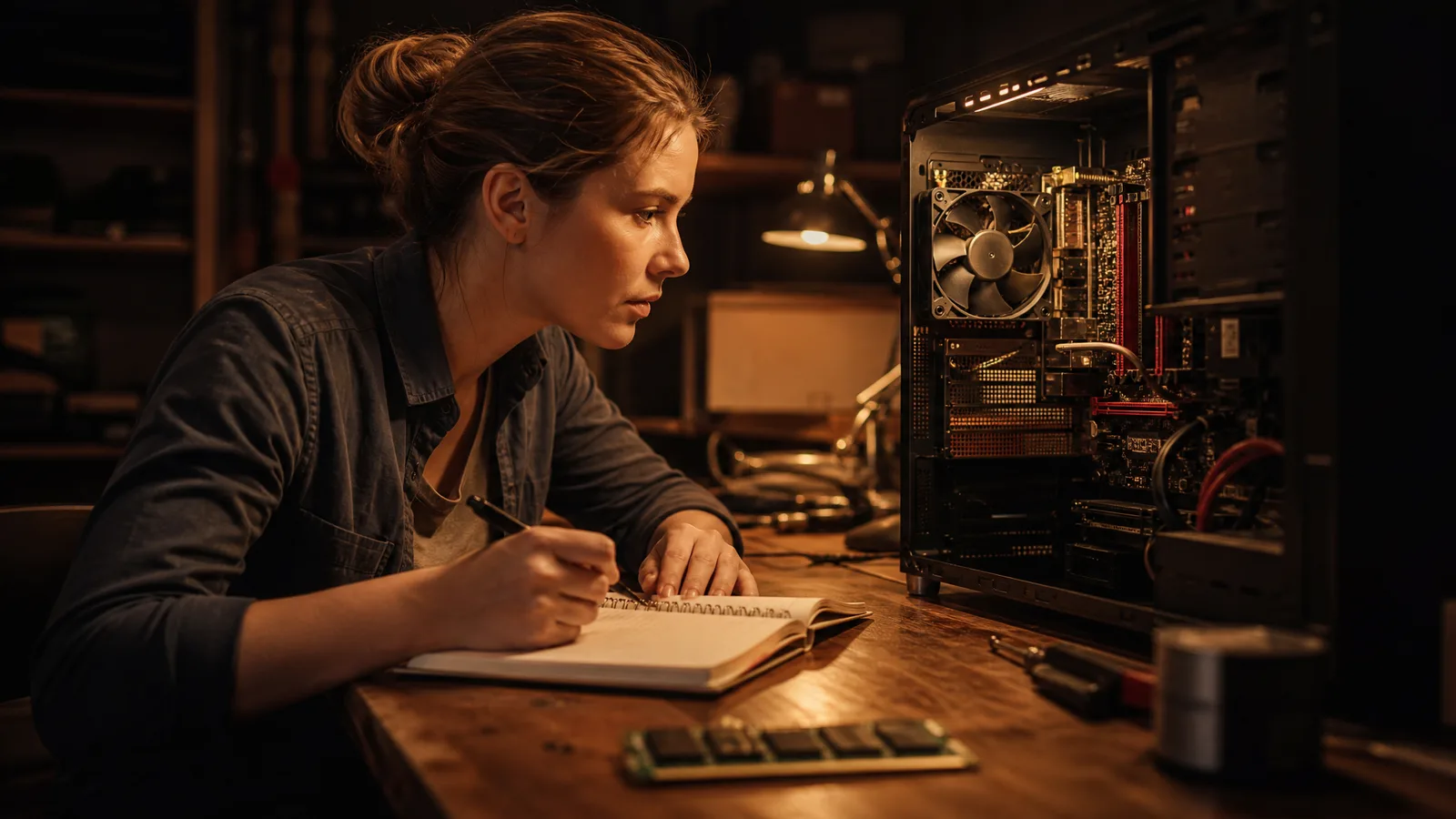 A woman engineer writing notes at a workbench beside an open desktop computer, a memory module on the bench