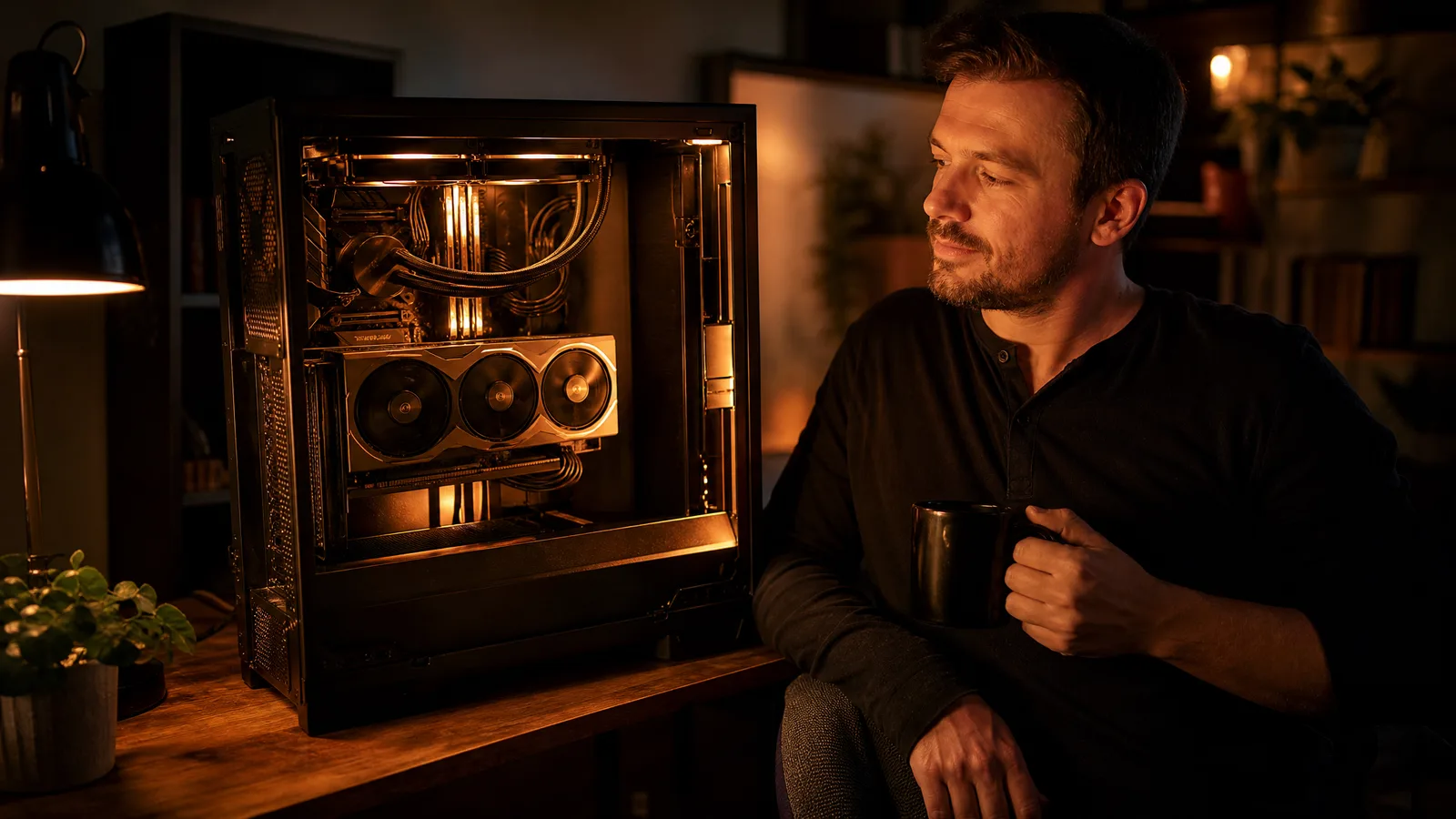 Man with a mug sitting beside an open desktop PC case with a large graphics card lit inside
