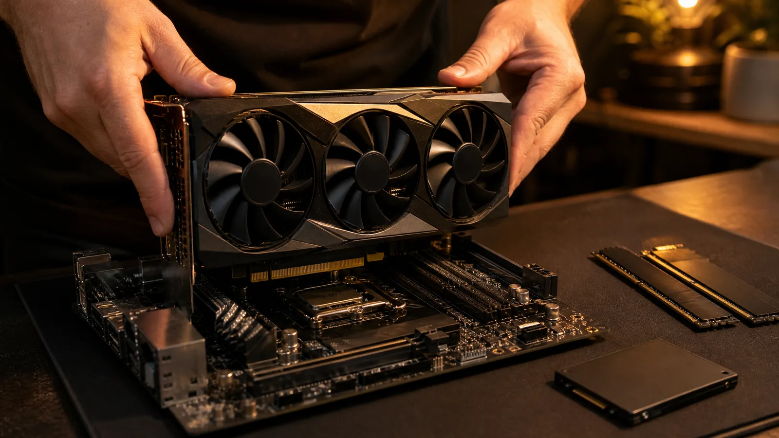 Hands seating a graphics card into a motherboard on an anti-static mat, memory sticks and an SSD beside it