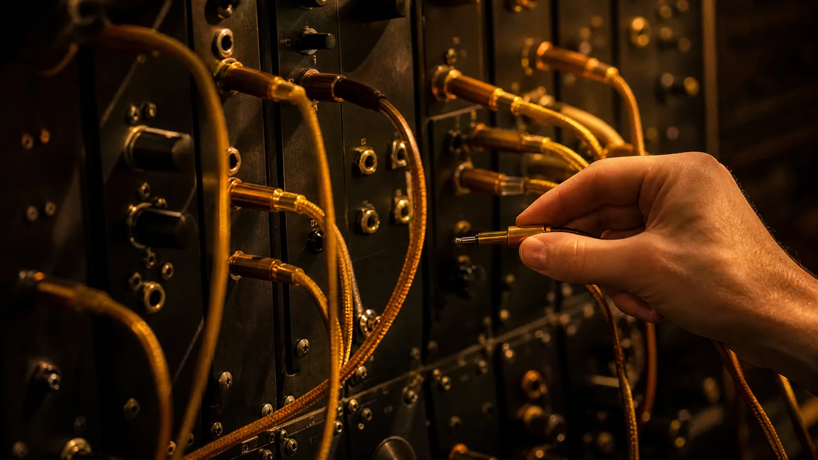 A hand plugging an amber patch cable into a modular synthesizer rack with modules linked by cables