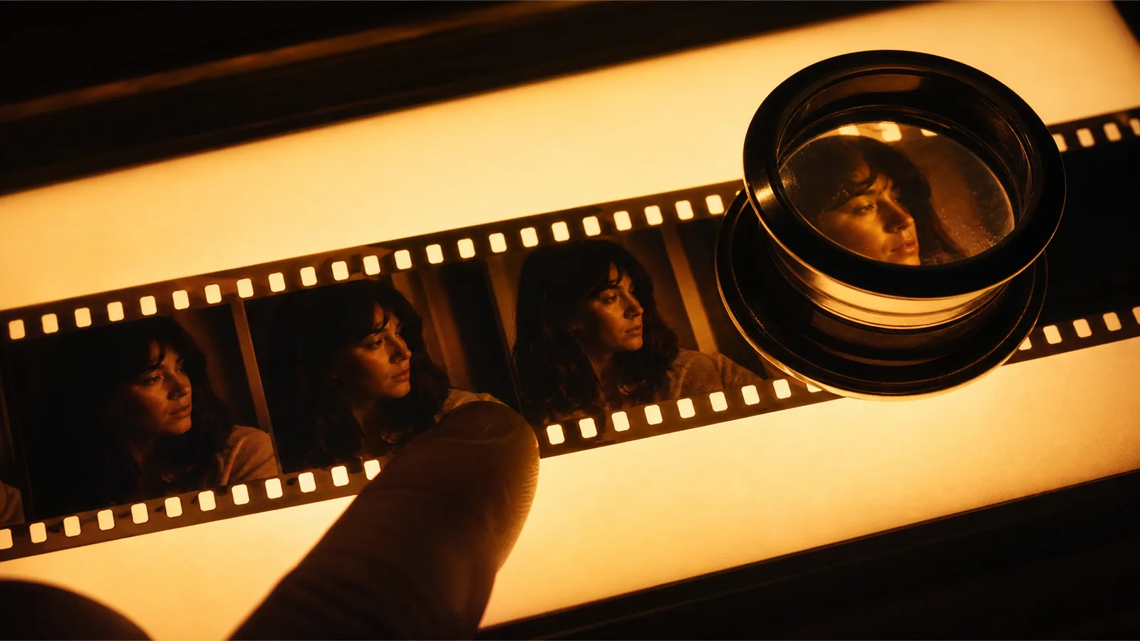 A film strip on a warm lightbox, its frames showing a woman gradually turning her head, a loupe on one frame