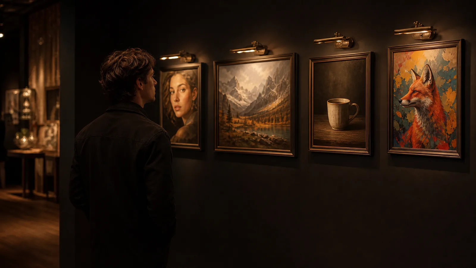 A man in a dim gallery viewing four framed works: a portrait, a mountain landscape, a coffee cup photo and a fox painting