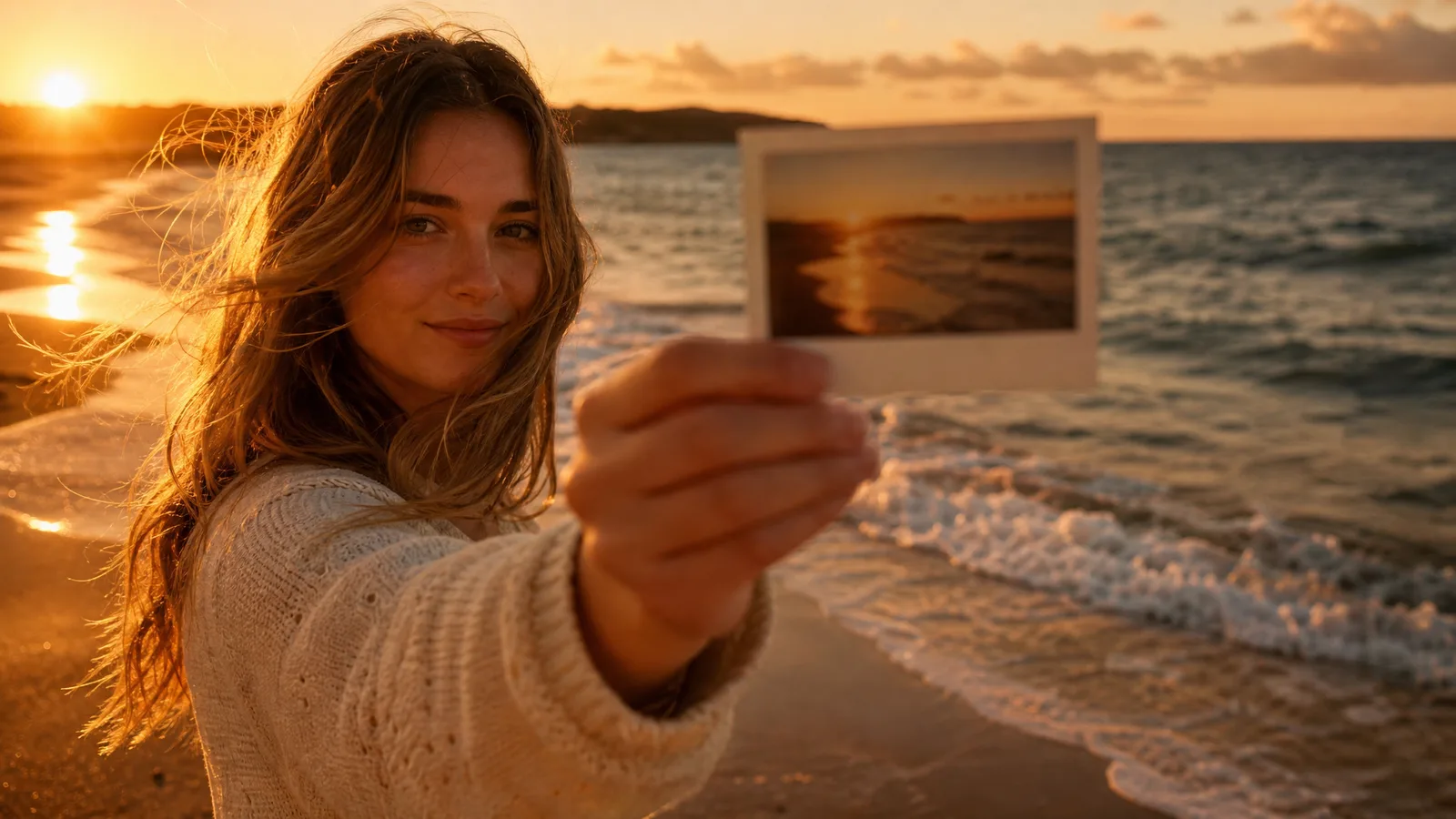 Woman on a beach at sunset holding up an instant photo of the same shoreline toward the camera