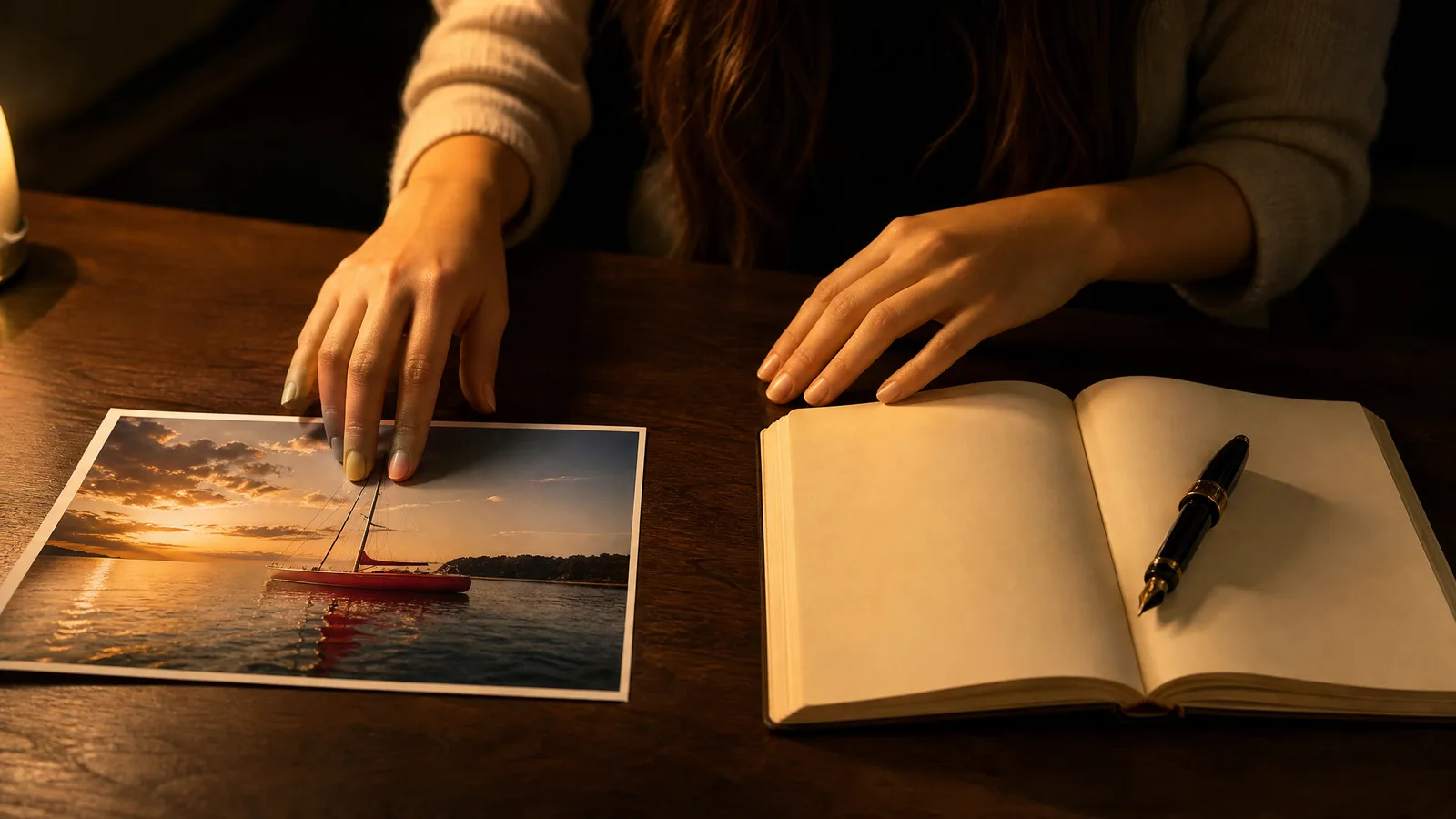 Hands resting on a red sailboat photo print and beside a blank notebook with a fountain pen on a walnut desk