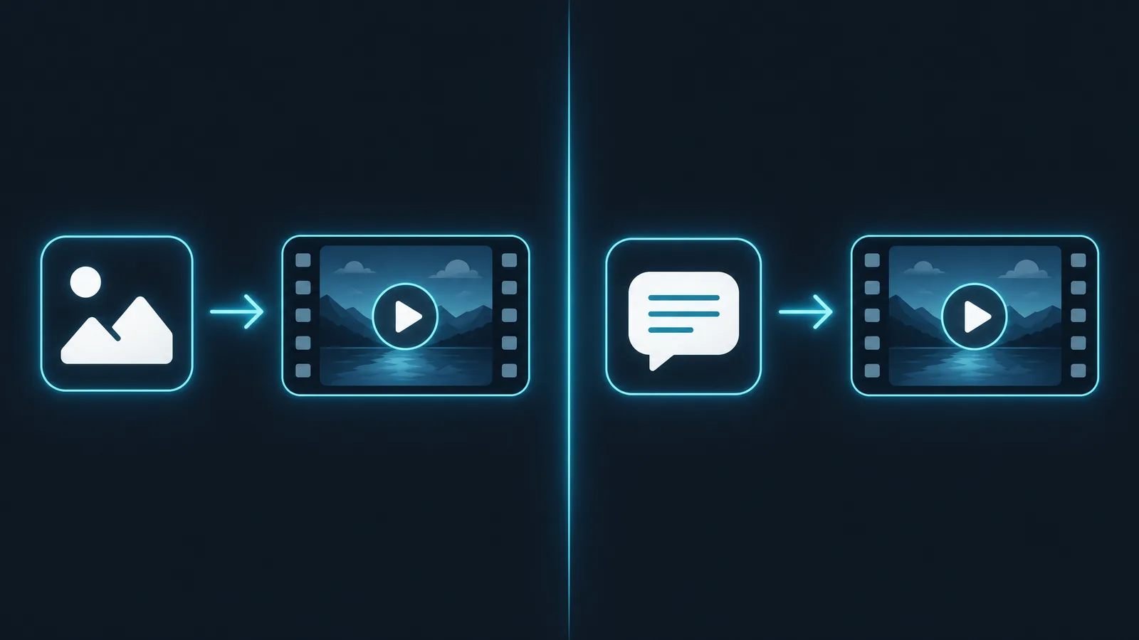Side-by-side comparison of image to video versus text to video: the image-to-video side starts from a fixed input photo, the text-to-video side starts from a written prompt (generated with imgvid)