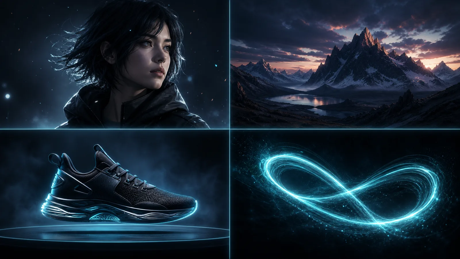 Grid of example image to video outputs: an animated portrait, a slow camera push across a landscape, a rotating product shot, and a looping illustration (generated with imgvid)