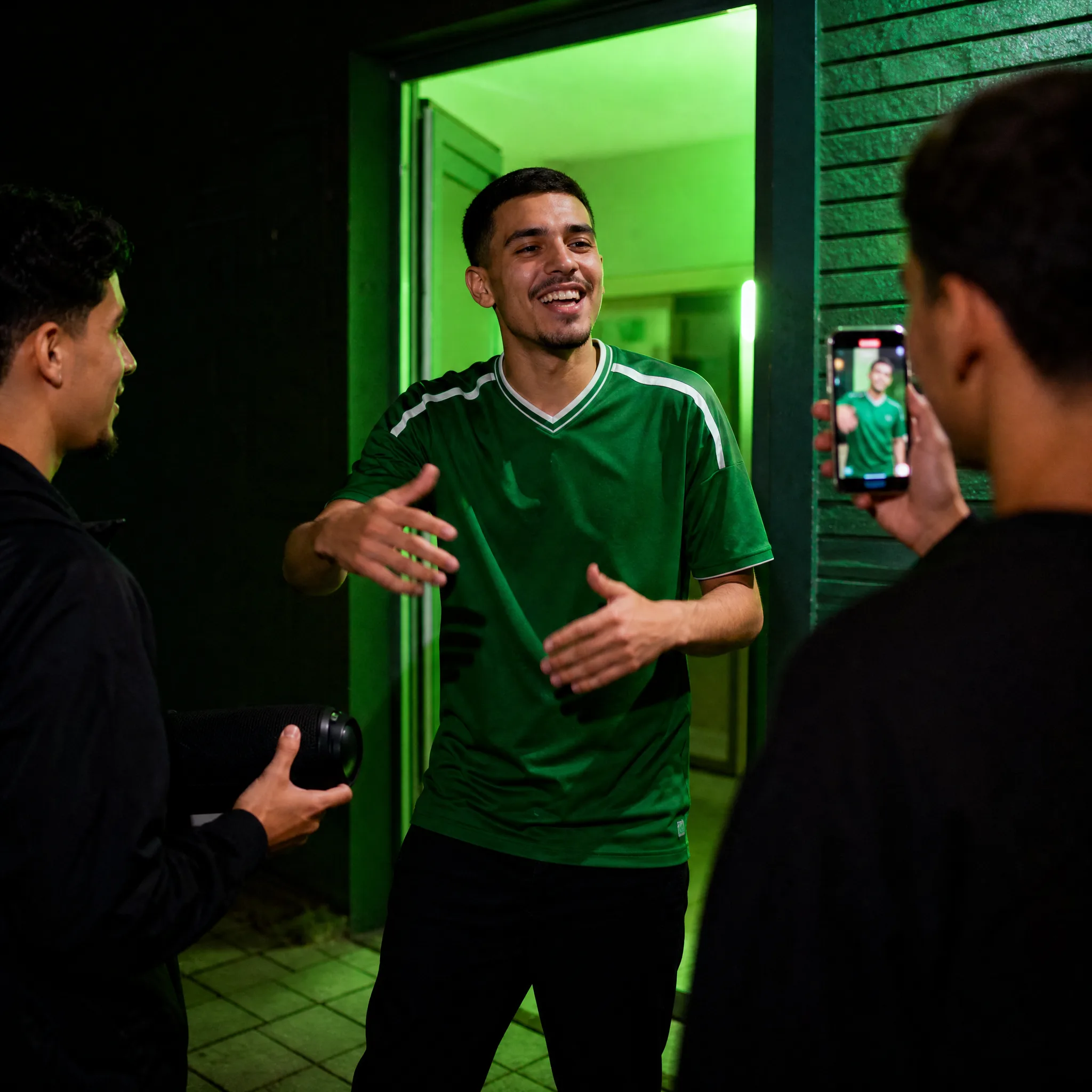 Grinning man in a plain green jersey freestyling at a green-lit doorway as a friend holds a speaker and another films