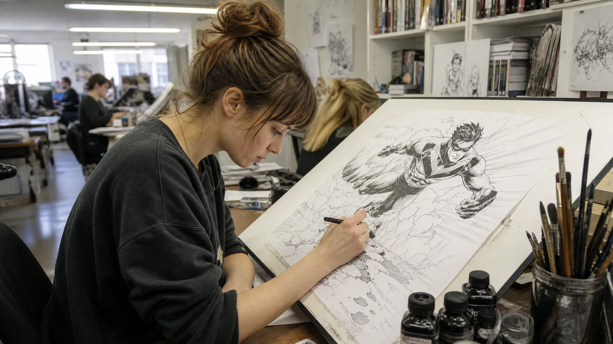 Comic artist inking a drawing of a running hero on a tilted drafting table in a busy studio under fluorescent light