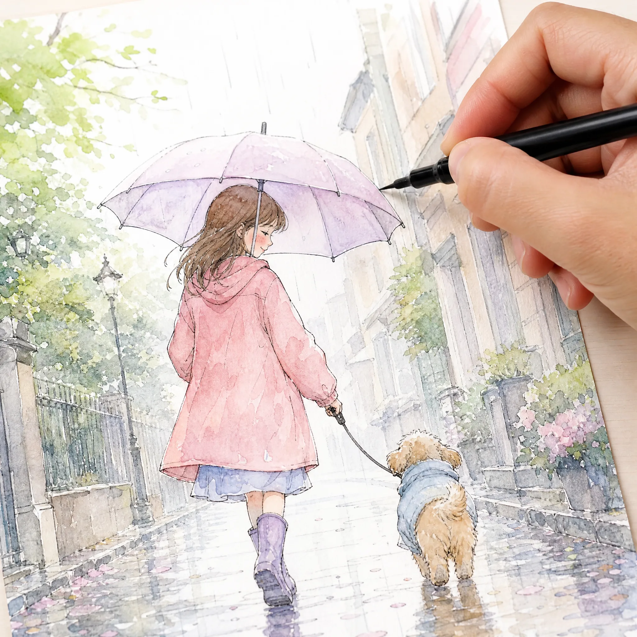 Hand inking a pastel watercolour comic of a girl and a small dog walking under one umbrella in the rain