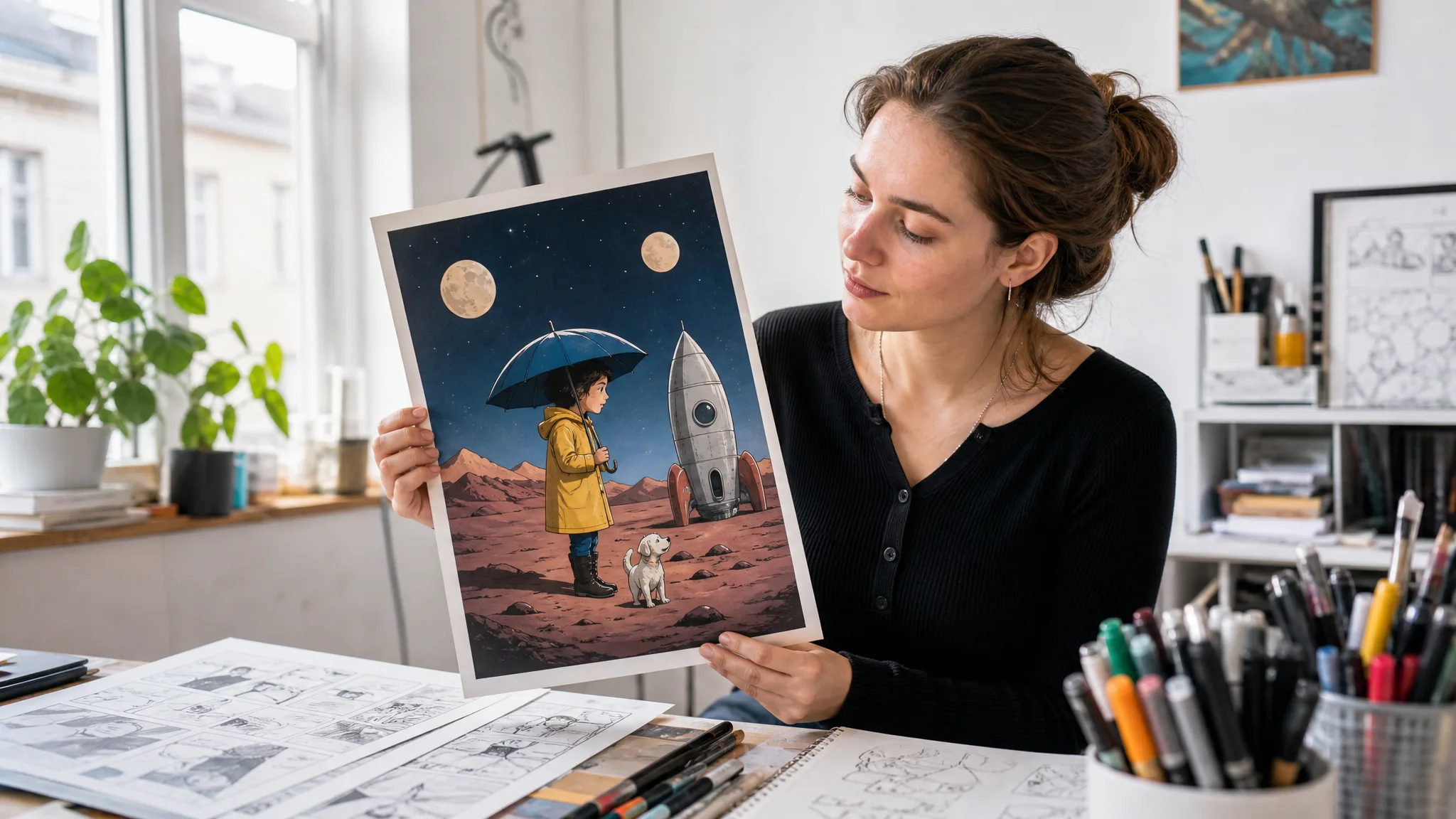 Comic artist holds up a printed panel of a girl in a yellow raincoat and a small dog beside a rocket under two moons