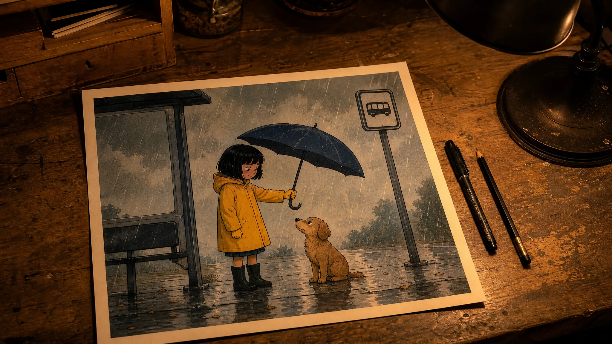 Printed comic panel on a drafting table: a girl in a yellow raincoat at a rainy bus stop tilts her umbrella over a small dog