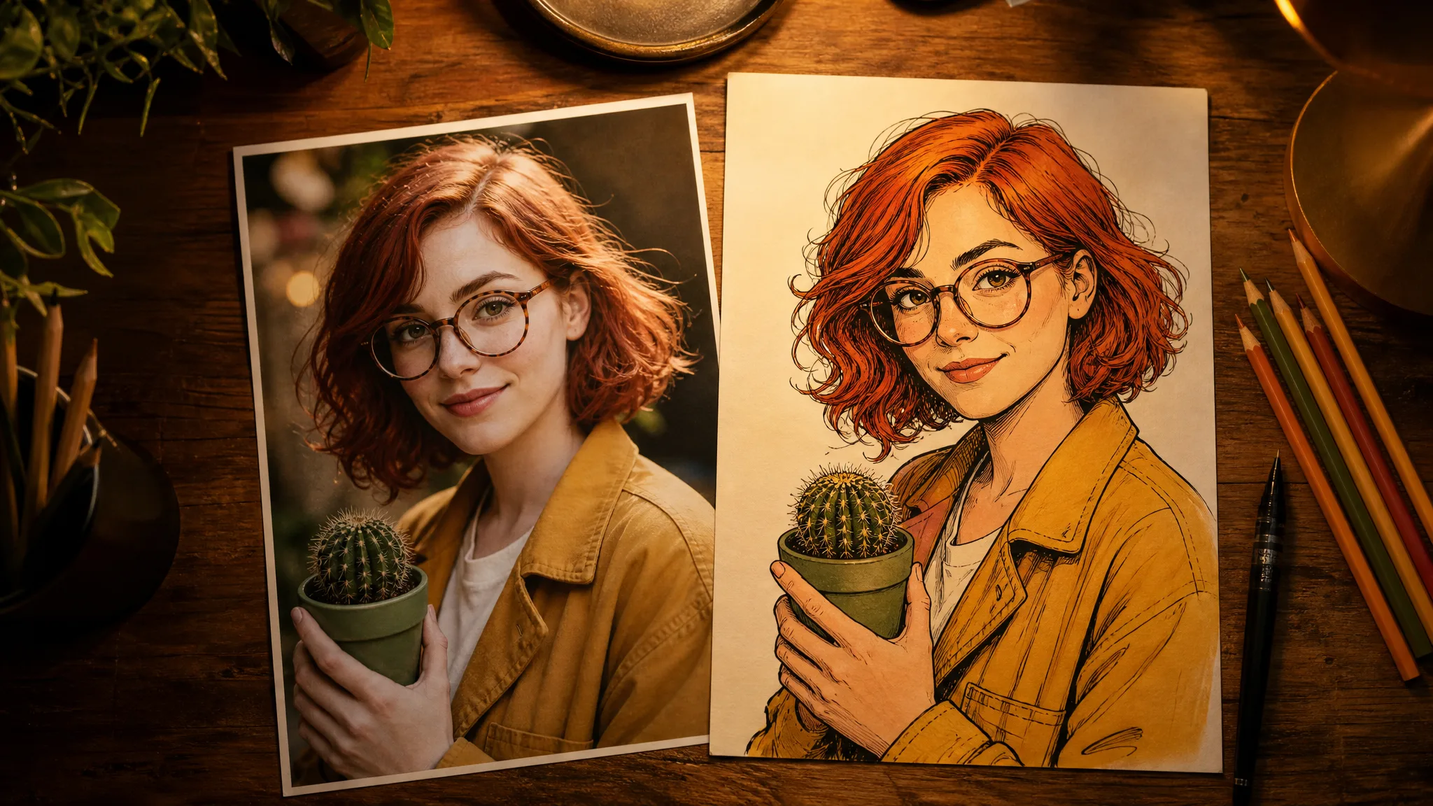 Photo of a red-haired woman in round glasses and a mustard jacket beside a comic-style drawing of the same character