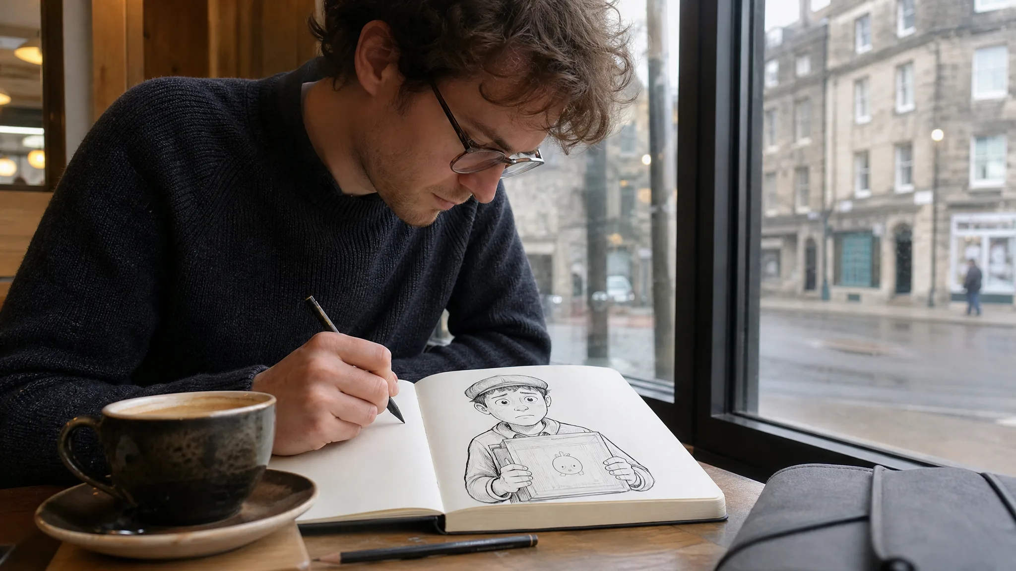 Writer at a café window sketching a nervous young courier holding a parcel with a small surprised face