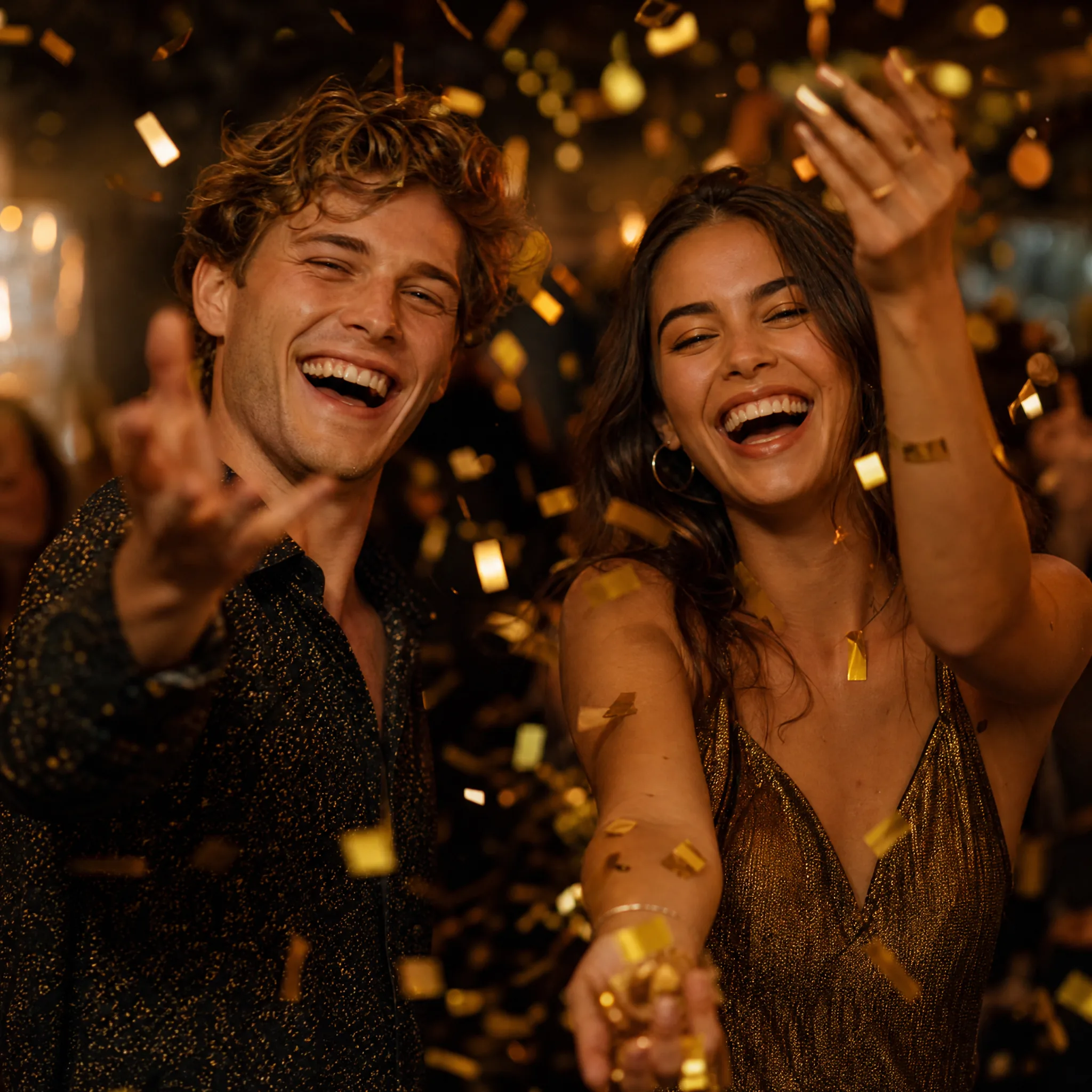 Two friends laughing as they toss gold confetti into the air at an evening party