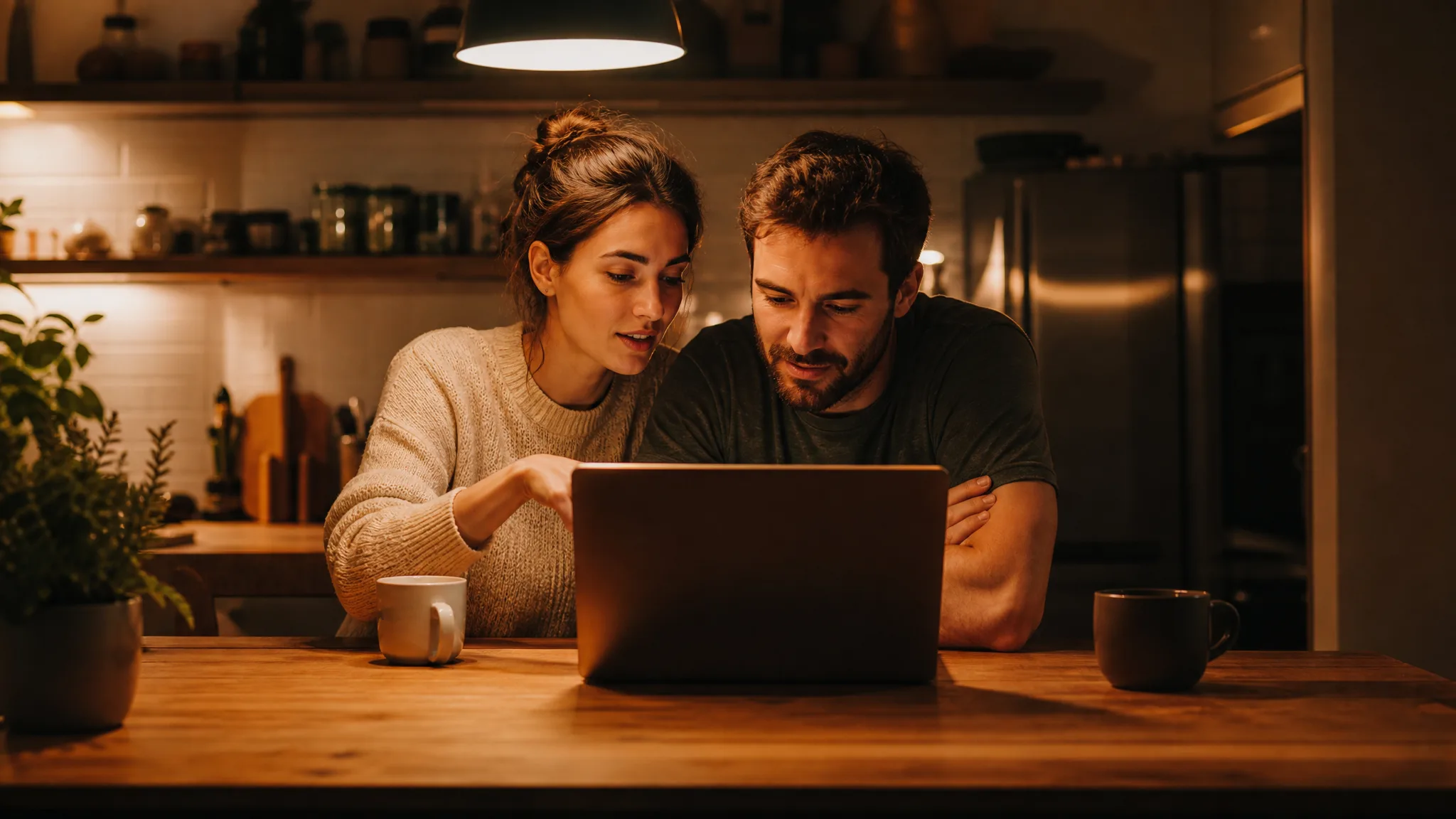 Reviewing a clip together Couple at a kitchen table watching a laptop together as the woman points at the screen