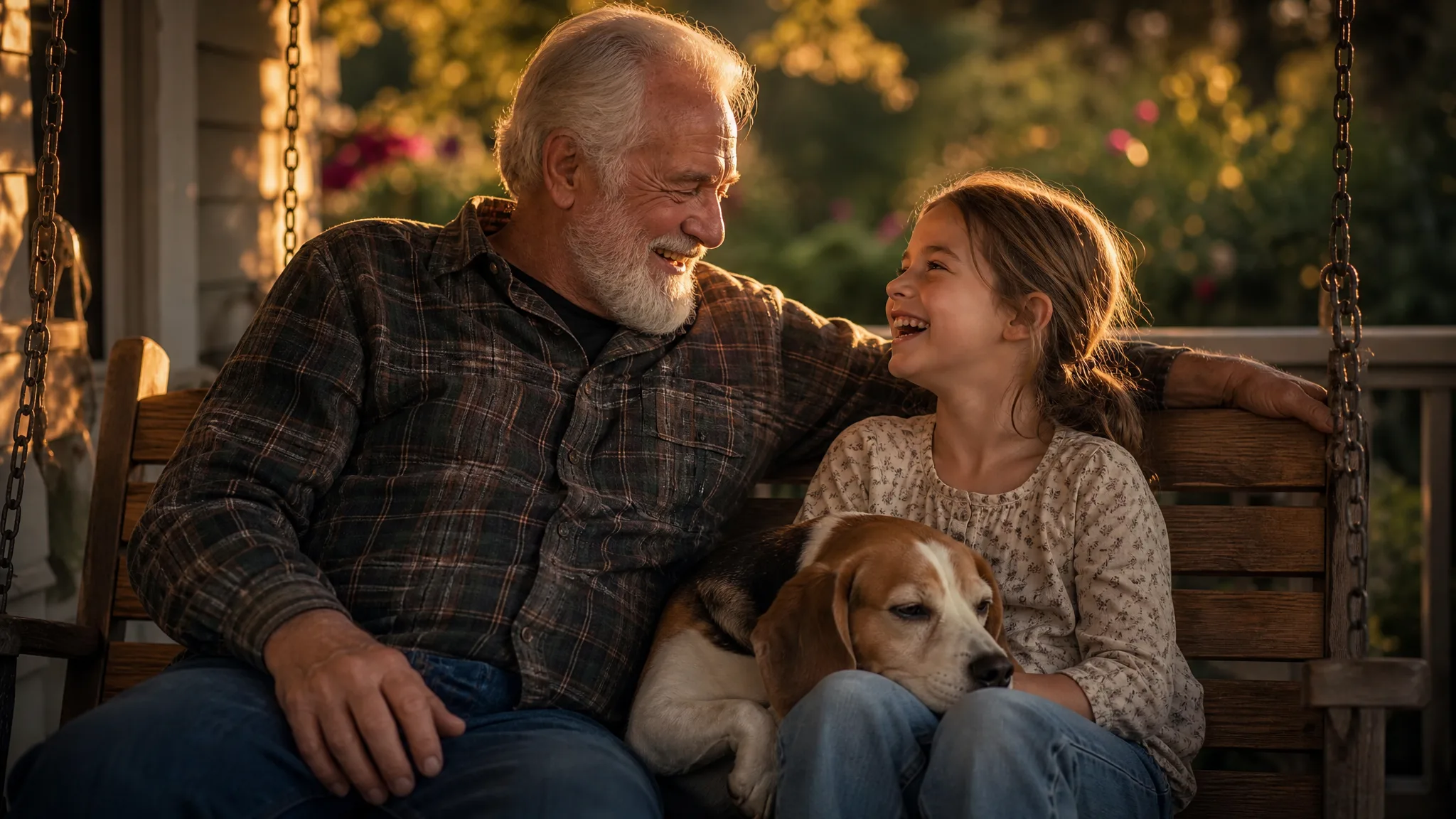 Grandfather, granddaughter and beagle Grandfather and granddaughter laughing on a porch swing with their beagle resting between them