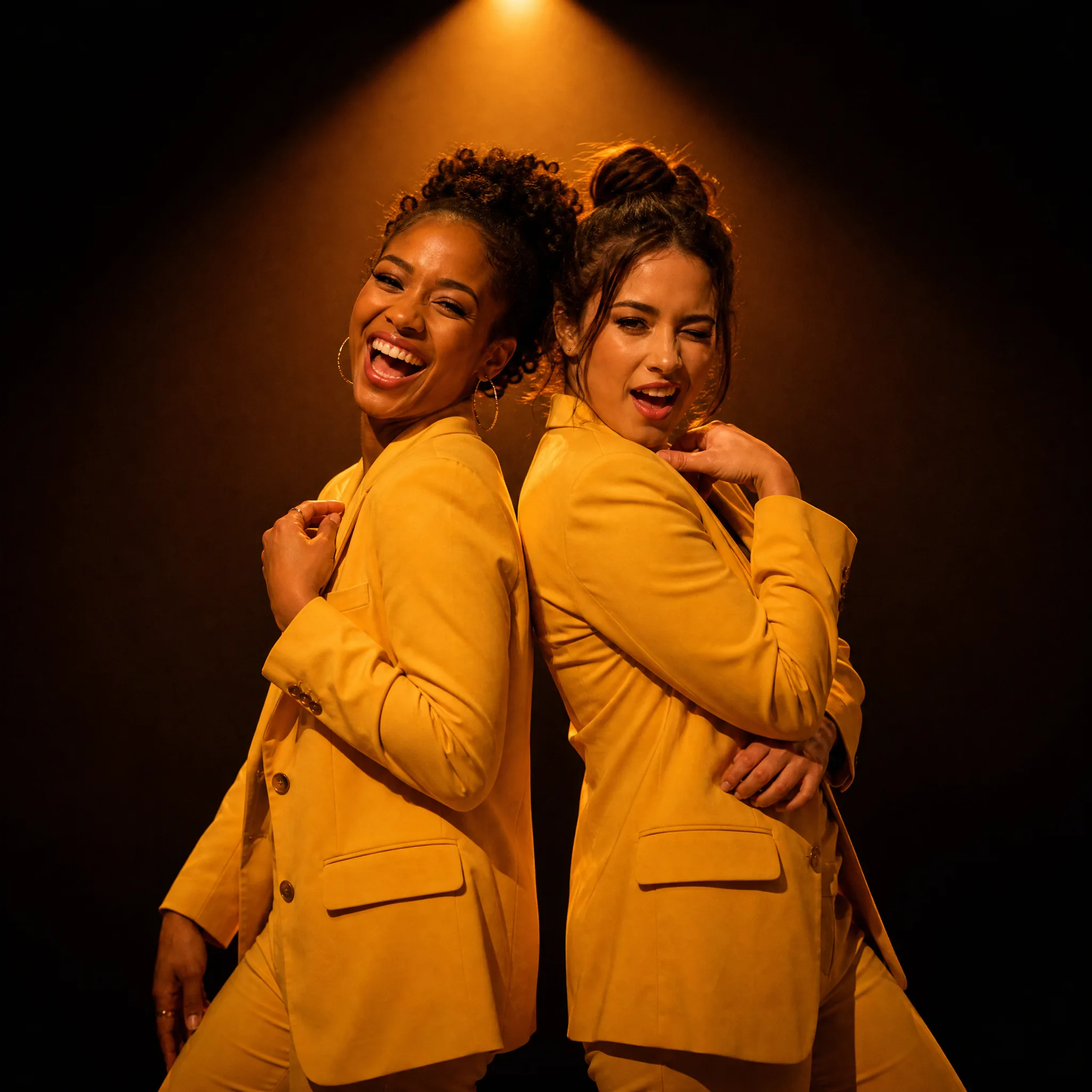 Two young women friends in matching sunflower-yellow suits striking a playful back-to-back pose under a single warm