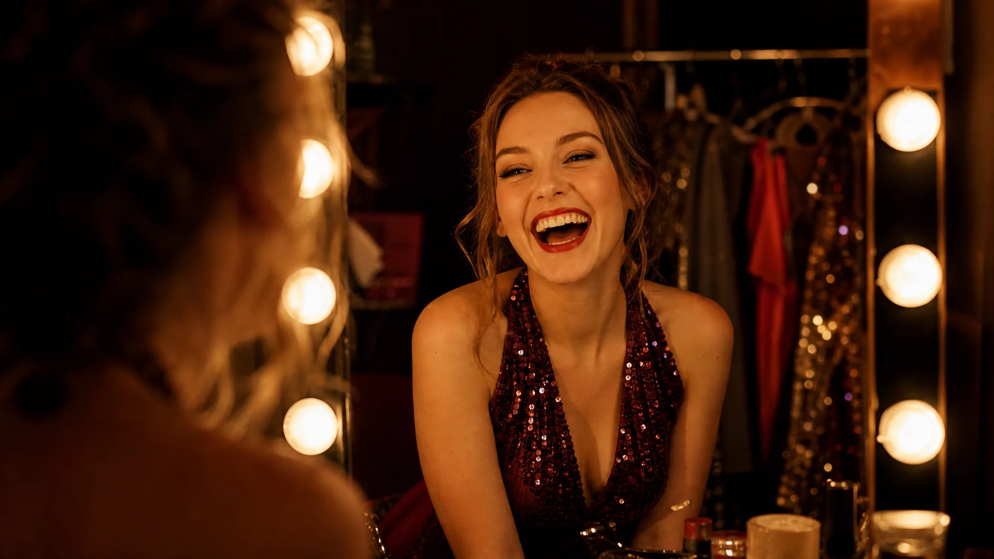 Laughter in the dressing room Woman in a sequined top laughing in a theatre dressing room lined with mirror bulbs