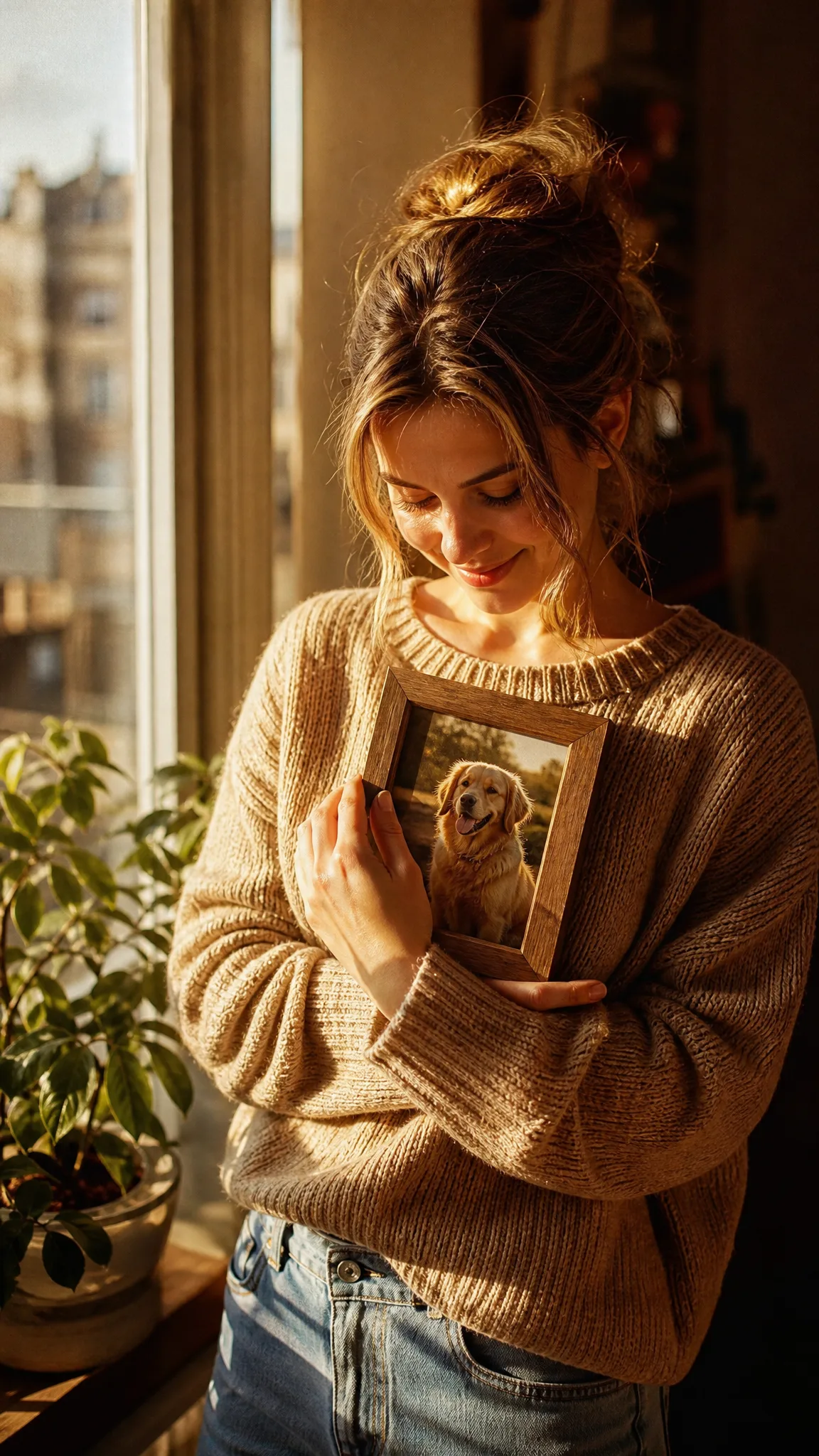 A saved photo of a dog Woman by a sunlit window smiling at a framed photo of a golden dog held against her chest