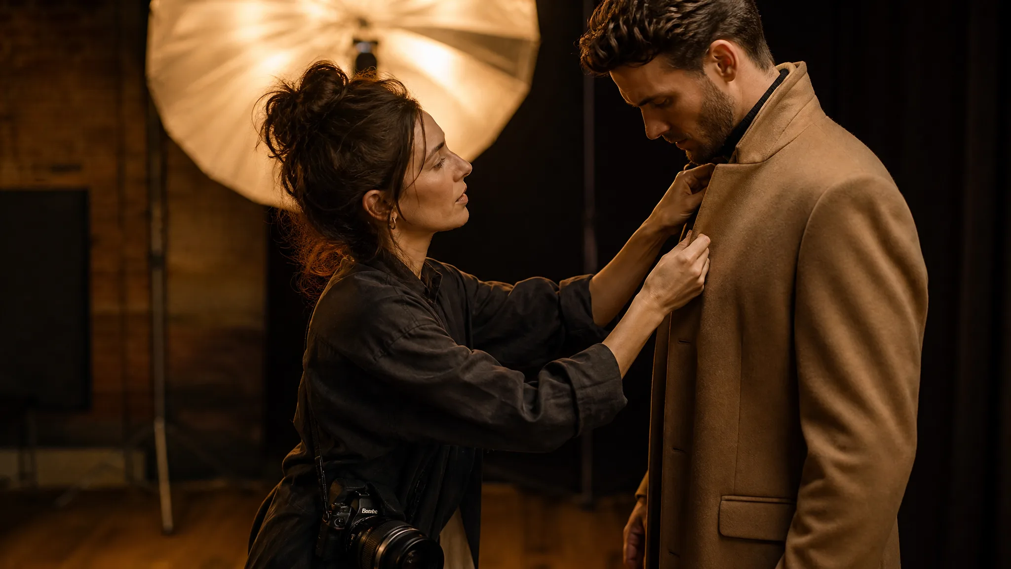 Fashion photographer adjusting a model's coat collar in a warmly lit studio