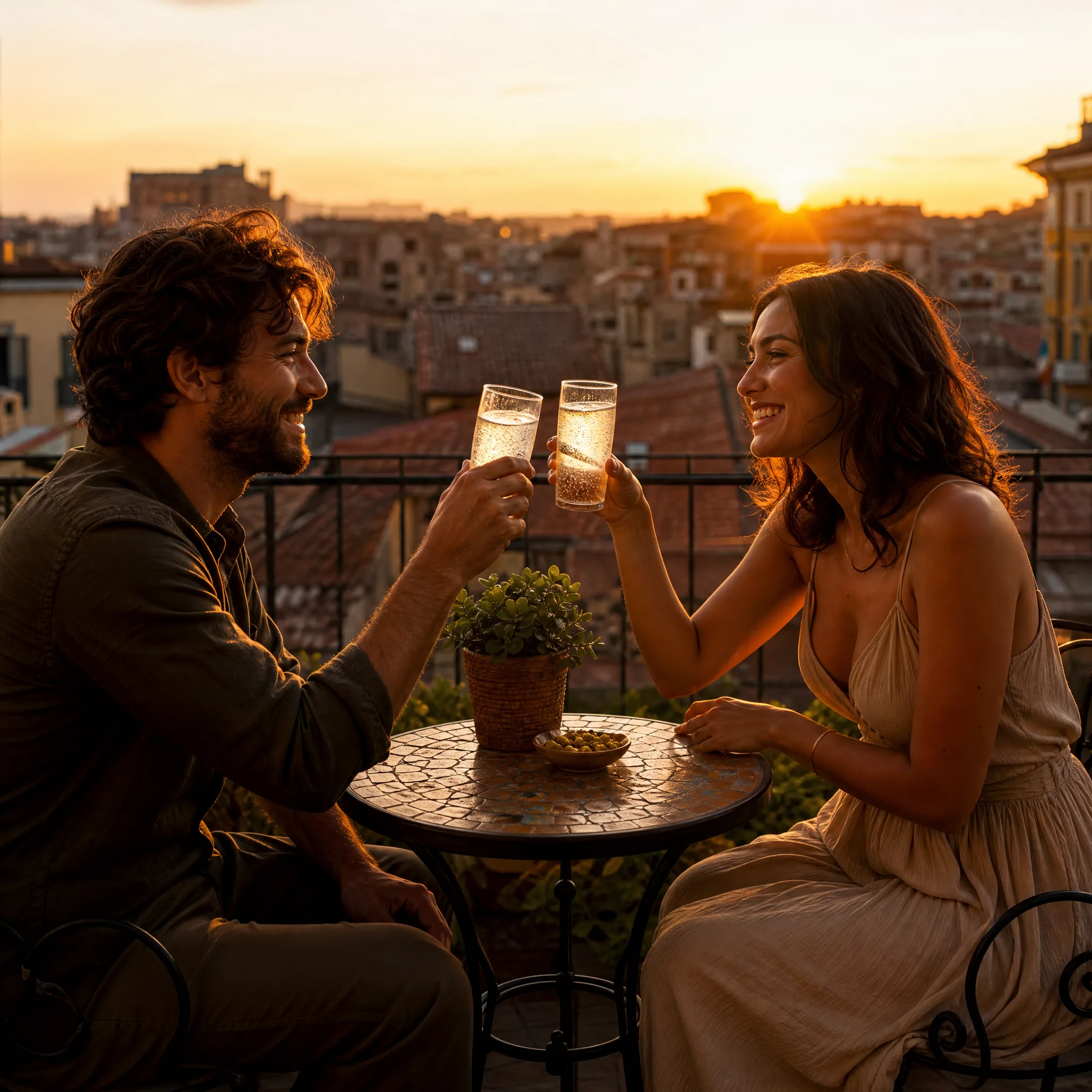 Two friends clinking glasses on a balcony above terracotta rooftops at sunset