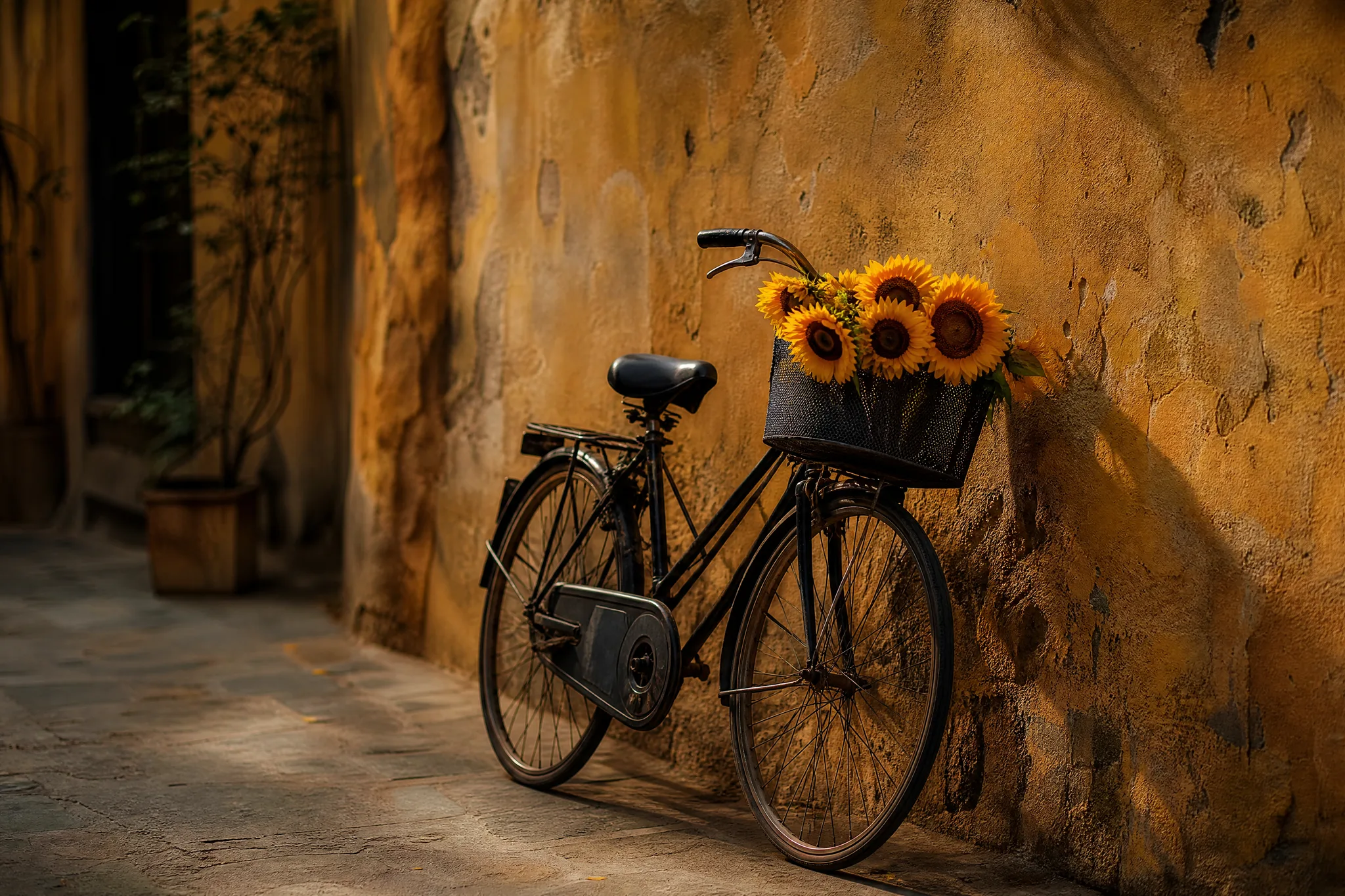 FLUX.2: One Focused Detail Black bicycle against an ochre wall with a basket full of sunflowers