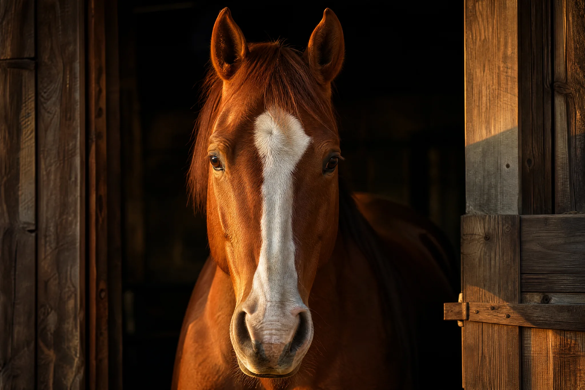 FLUX.2: The Subject at the Centre Chestnut horse with a white blaze looking out from a stable doorway, centred in frame