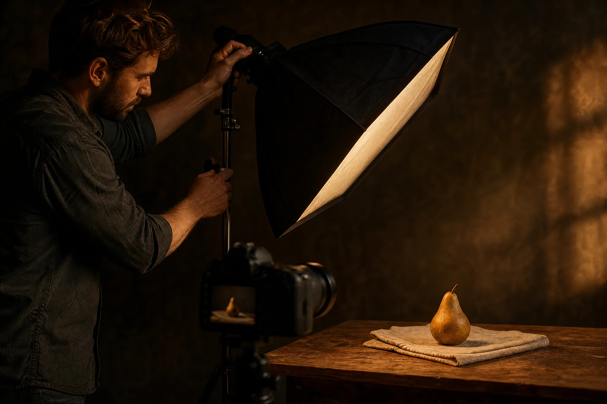 FLUX.2: One Decision at a Time Photographer adjusting a single softbox toward a pear on a linen still-life set