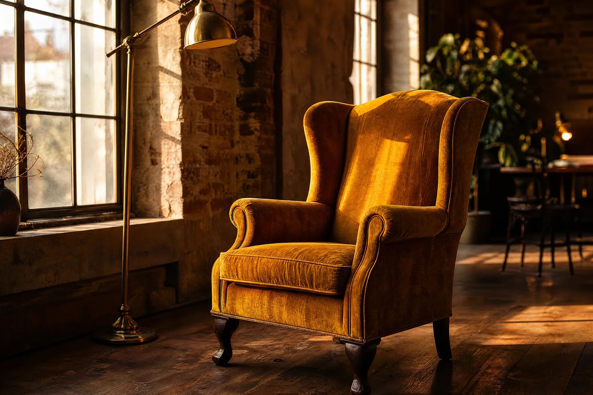 FLUX.2: A New Interpretation Vintage wingback armchair in ochre velvet in a sunlit loft beside a brass lamp