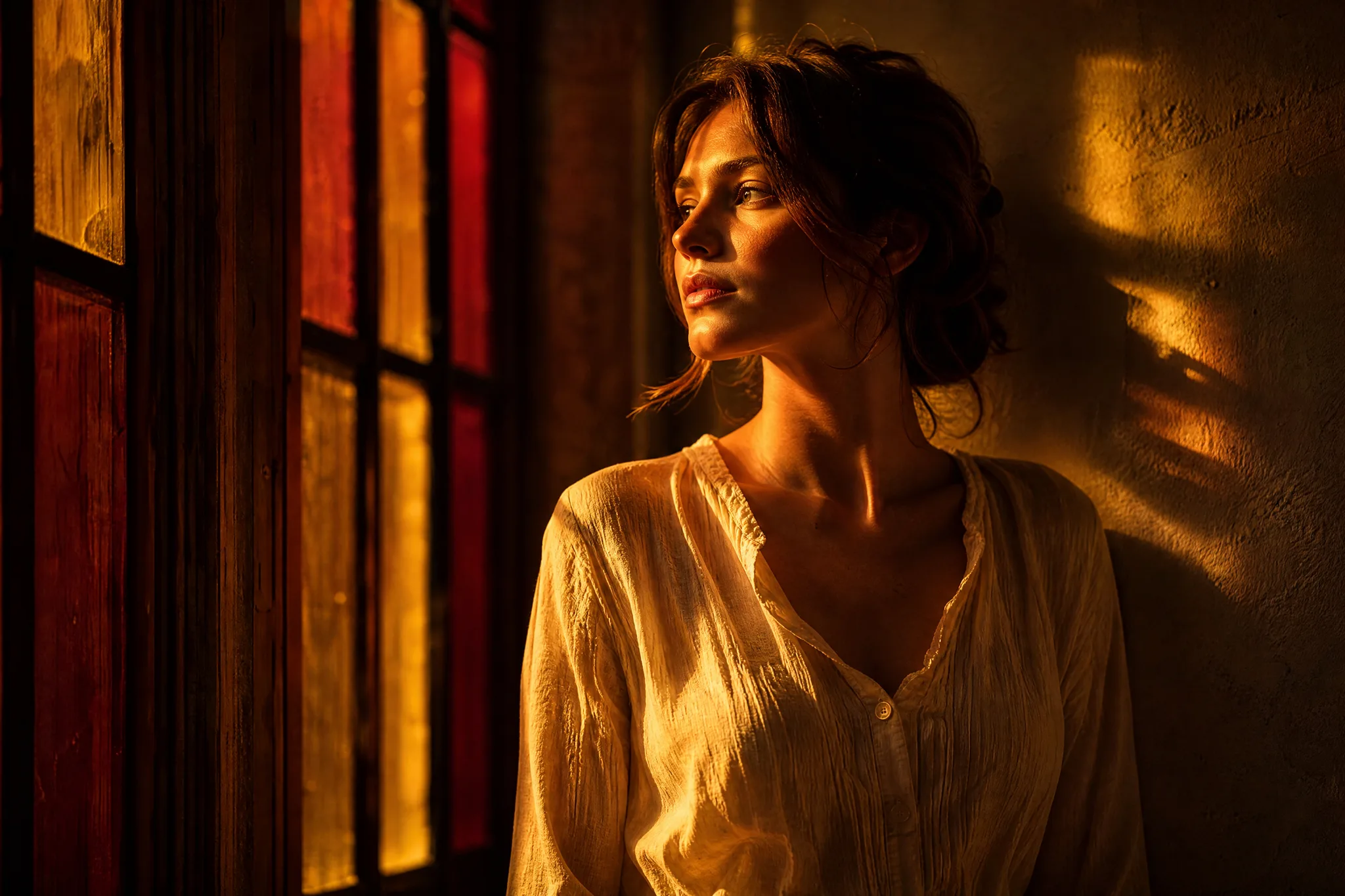 FLUX.2: Lighting and Colour Direction Woman by a tall window bathed in amber and crimson evening light