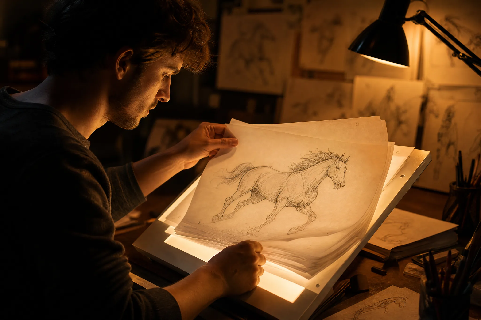 FLUX.2: Developing a Storyboard Idea Animator flipping pencil drawings of a galloping horse on a glowing light table