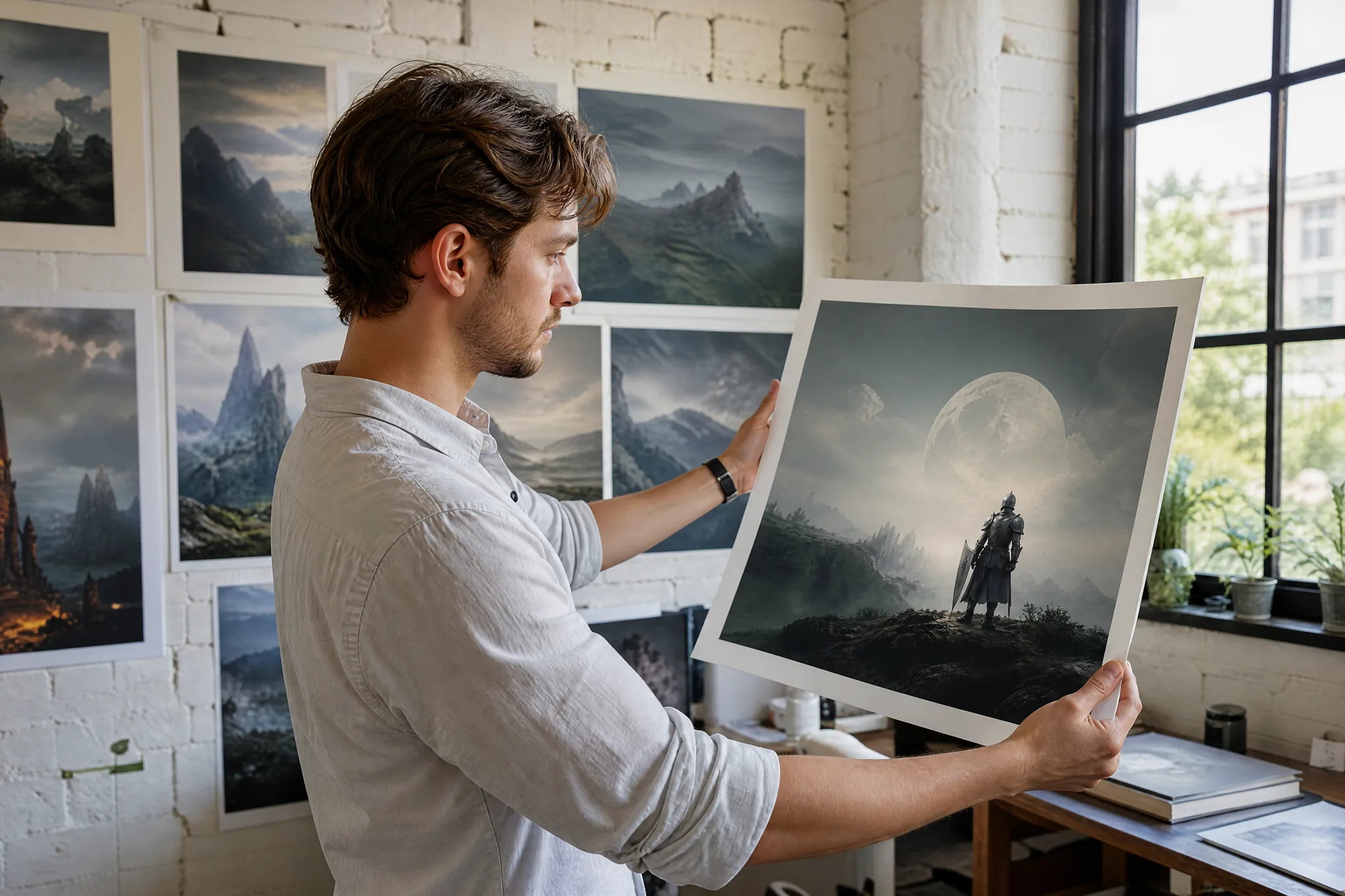 Flux Image to Video: Studying a Finished Artwork Concept artist in a bright loft studio holding up a printed artwork of a lone knight on a misty ridge beneath a pale moon