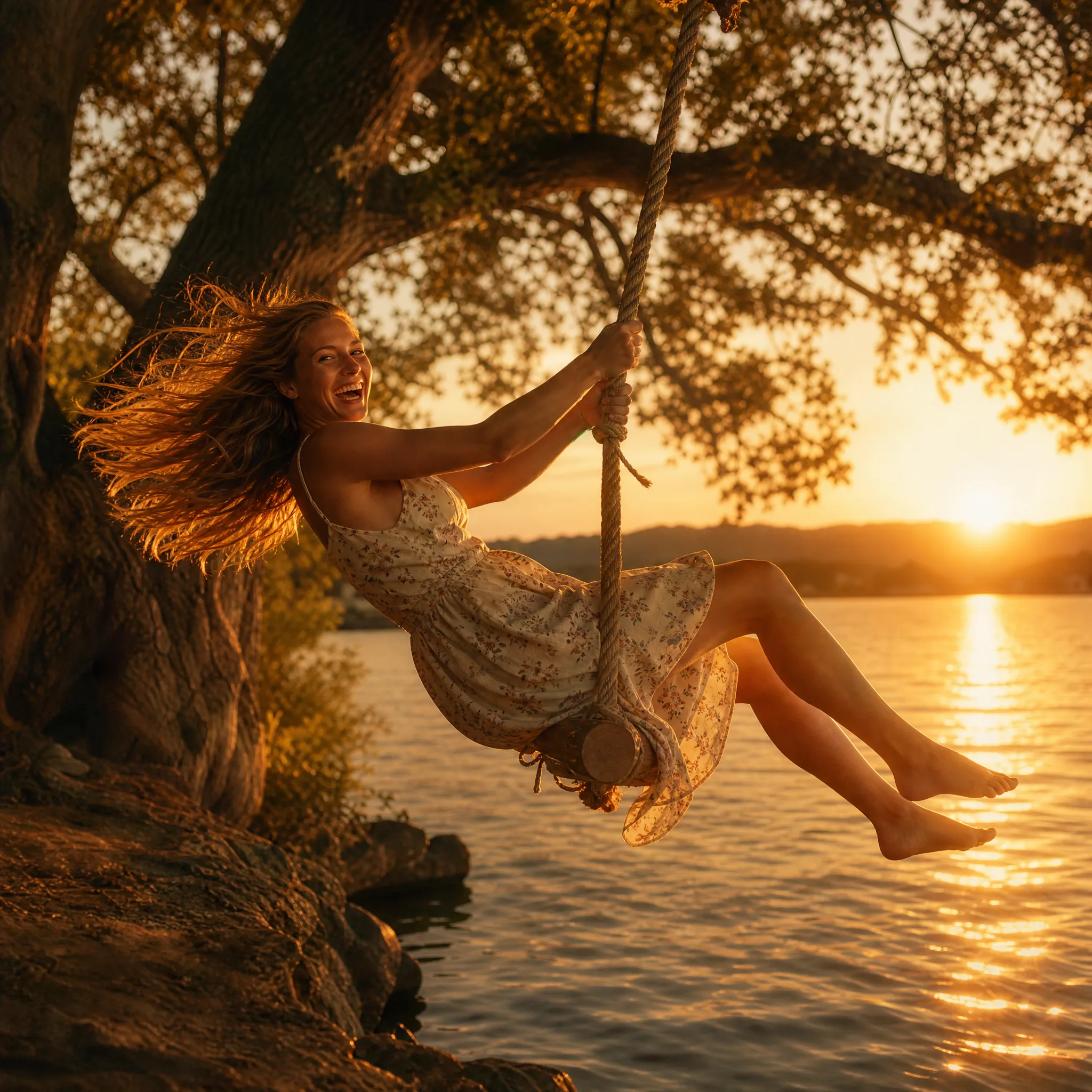 Laughing woman on a rope swing out over a lake at sunset