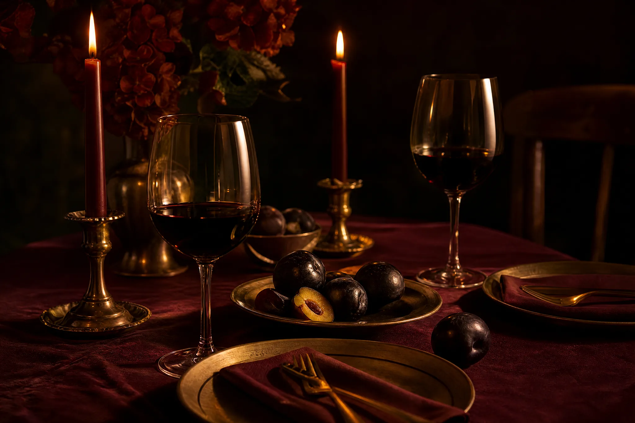 Candlelit dinner table for two in ruby and amber tones with brass candlesticks