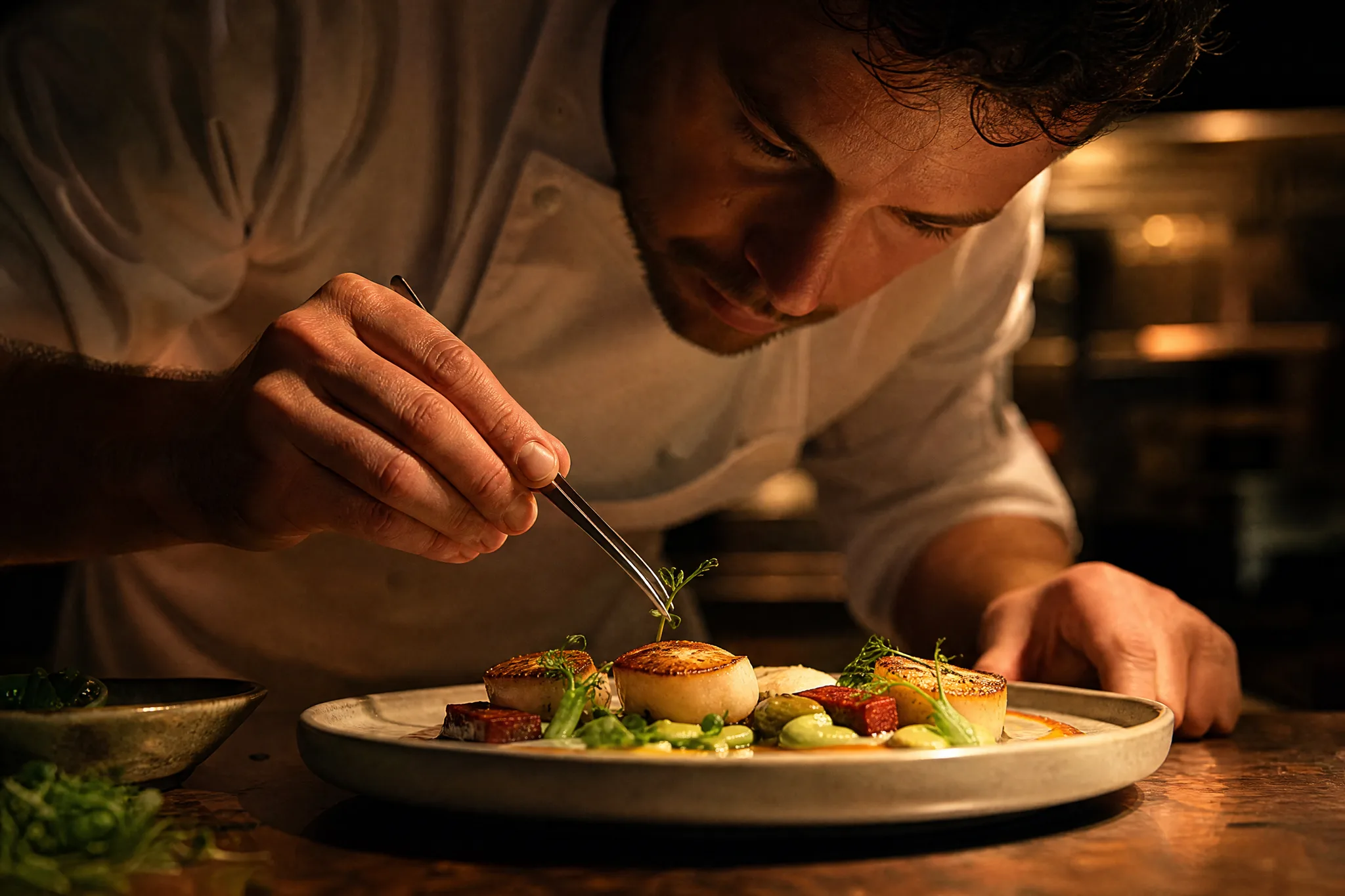 Chef placing a single herb garnish with tweezers on a finished scallop dish