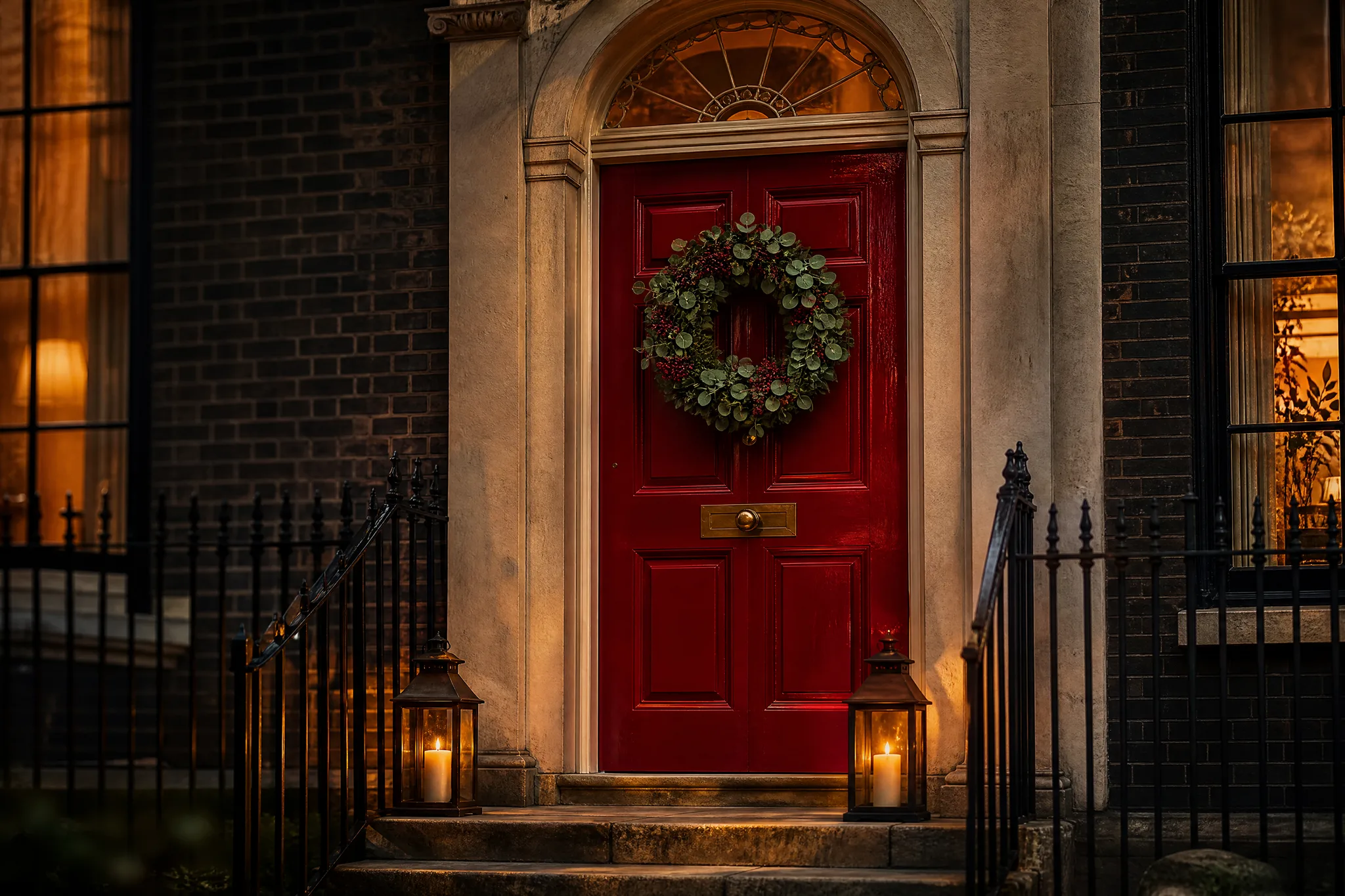 Townhouse entrance with a glossy deep-red front door and a single wreath