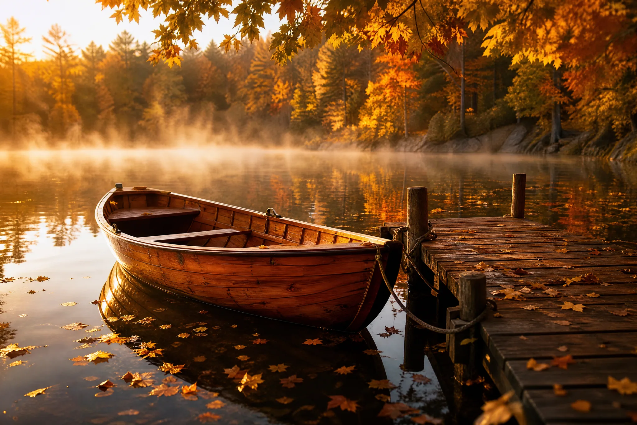 Varnished wooden rowboat at a jetty on a misty lake ringed by autumn trees