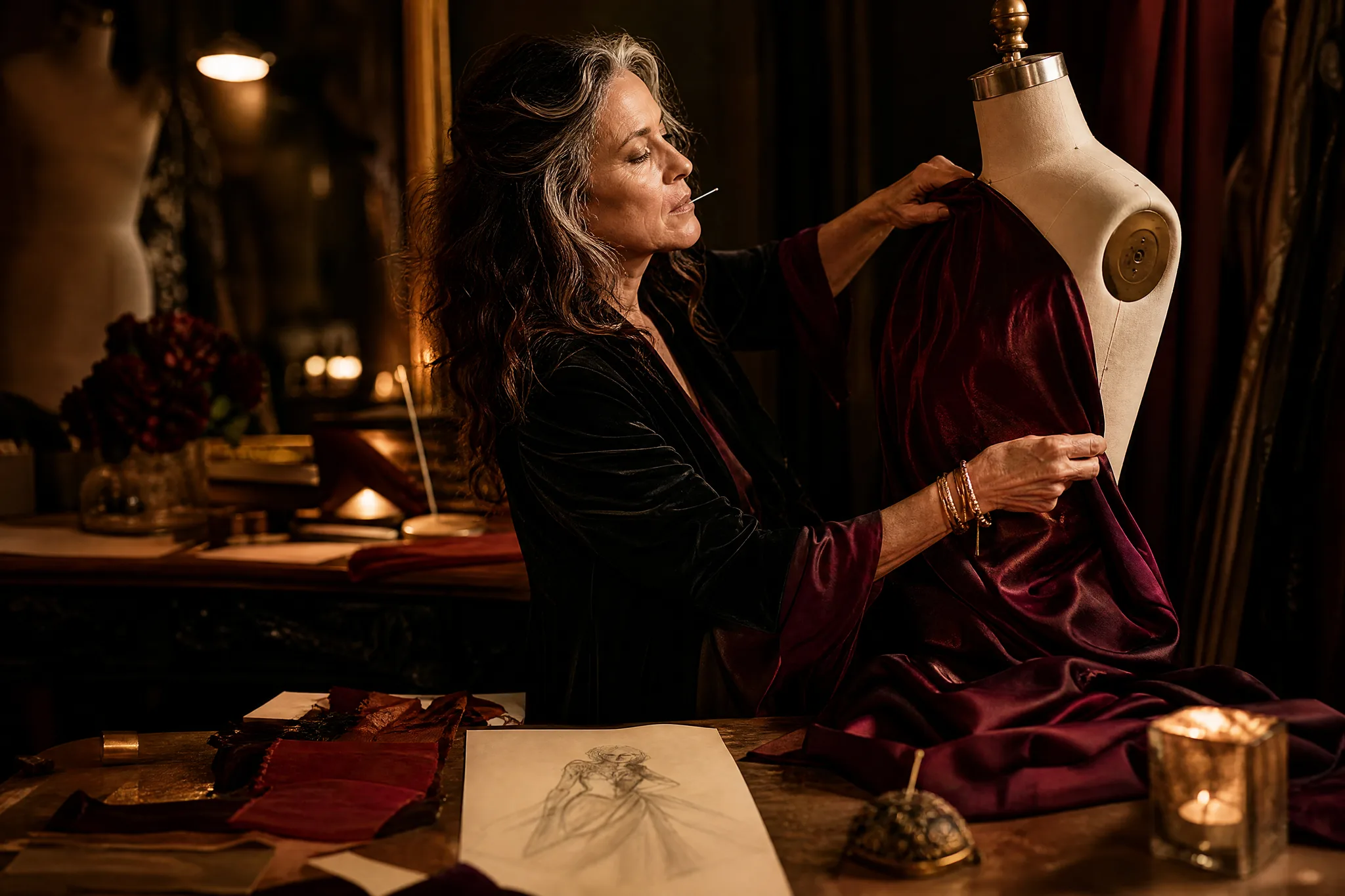 Costume designer draping burgundy silk on a dress form beside a pencil sketch