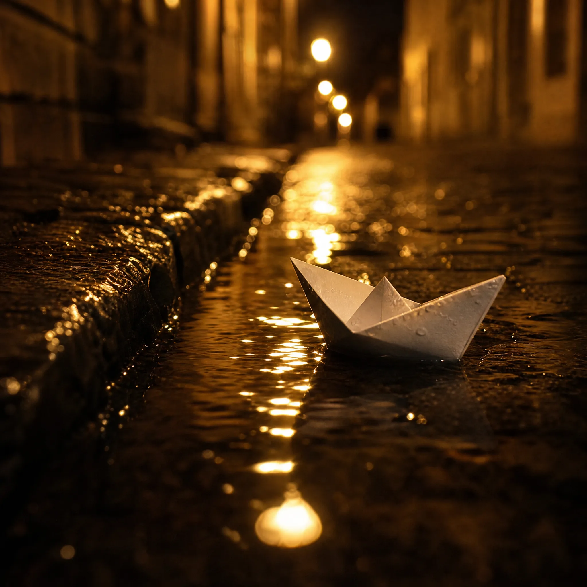 Folded paper boat floating along a rain-soaked street gutter at golden hour