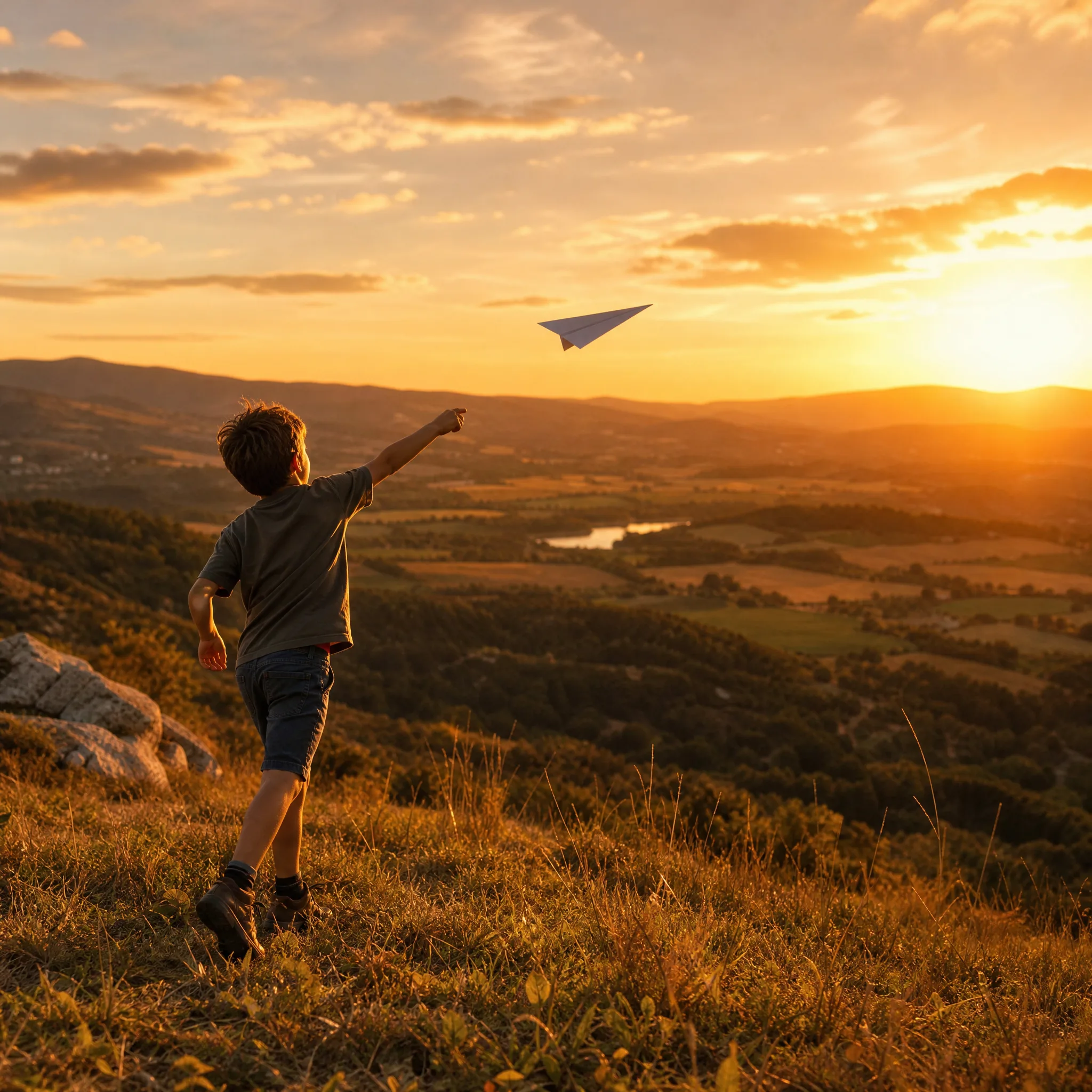 Boy launching a paper airplane from a grassy hilltop into the sunset