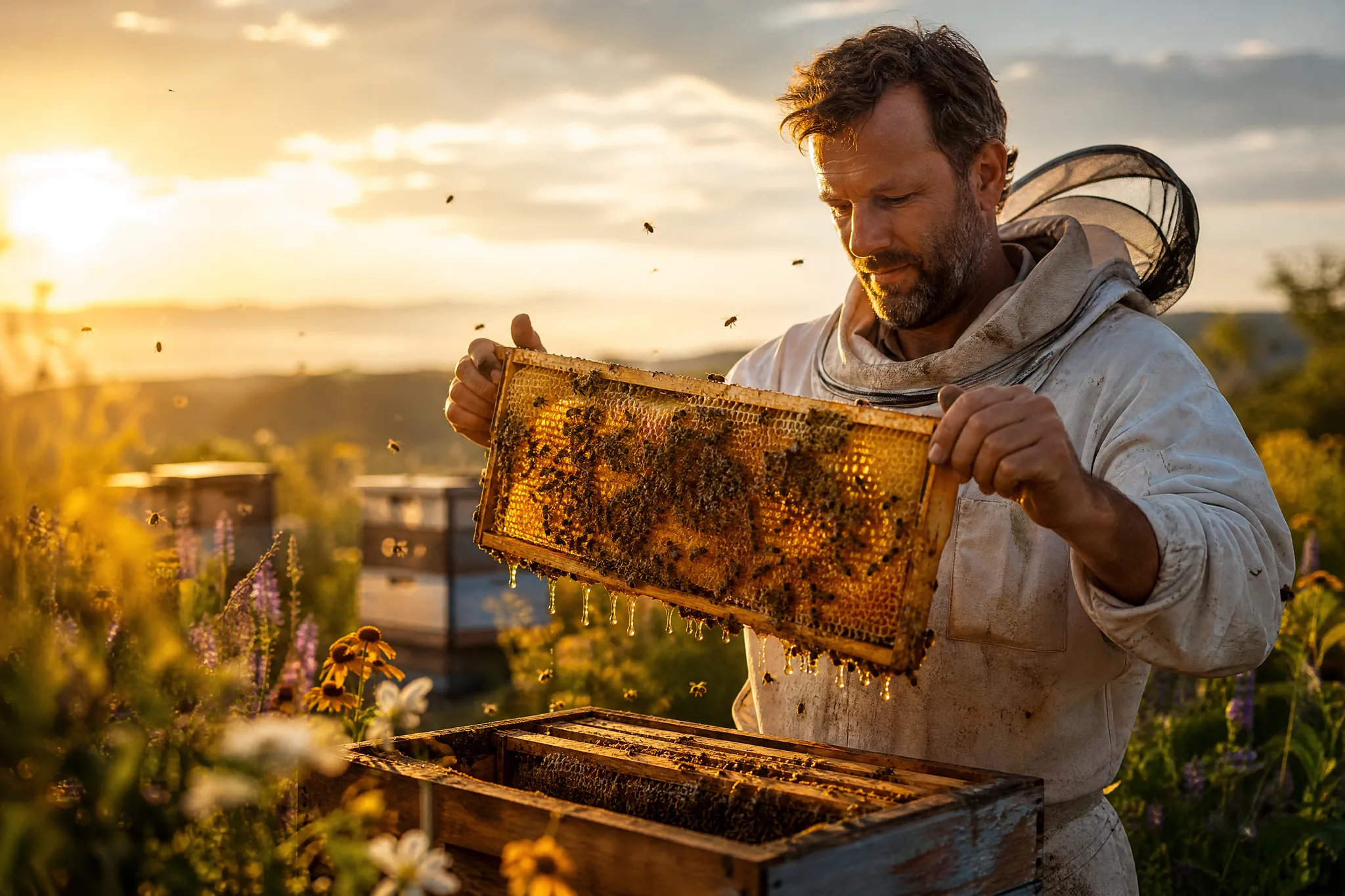 Beekeeper lifting a golden honeycomb frame from a hive in a sunlit wildflower meadow