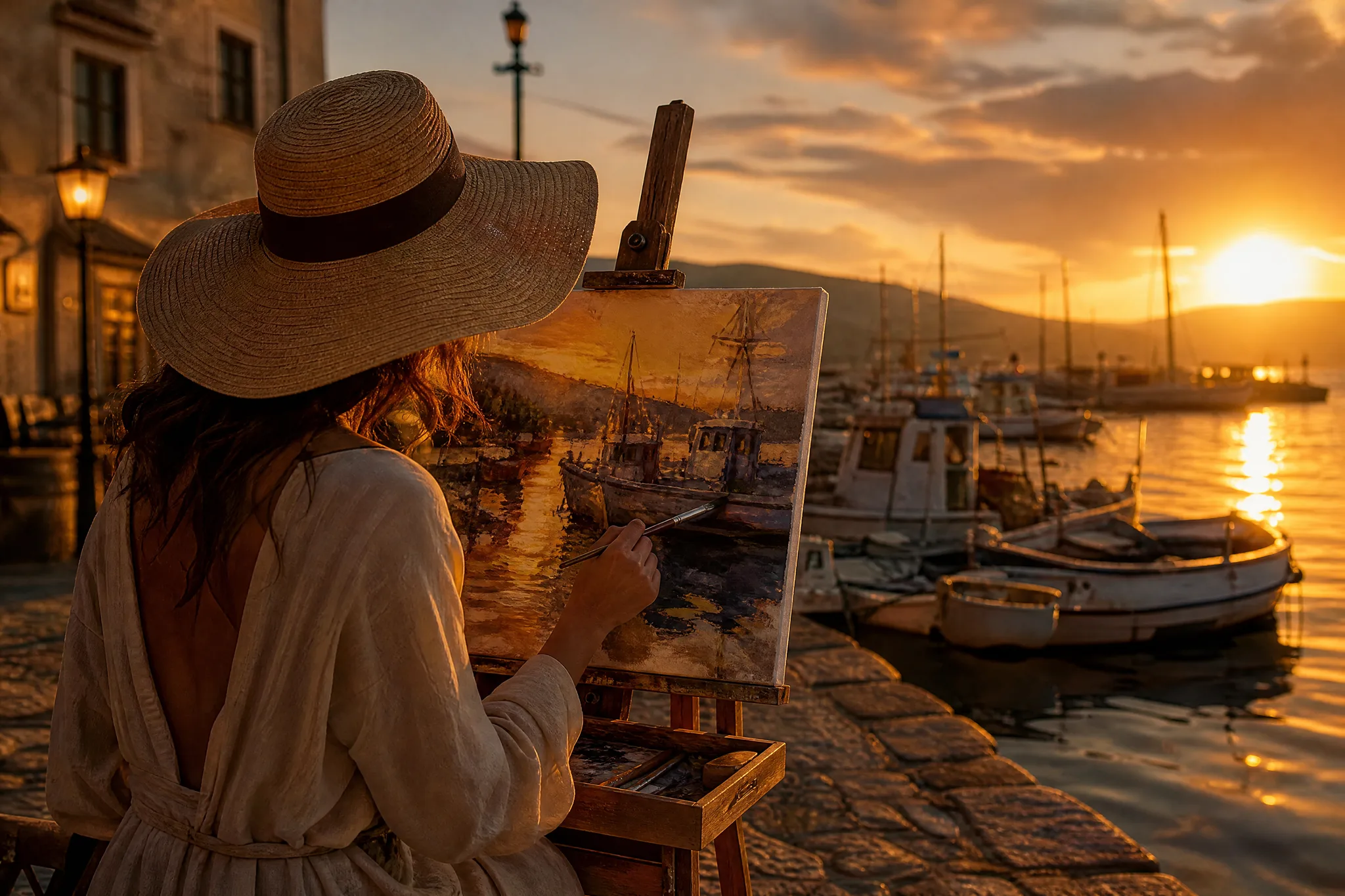 Plein-air painter at an easel painting the fishing harbour in front of her at sunrise