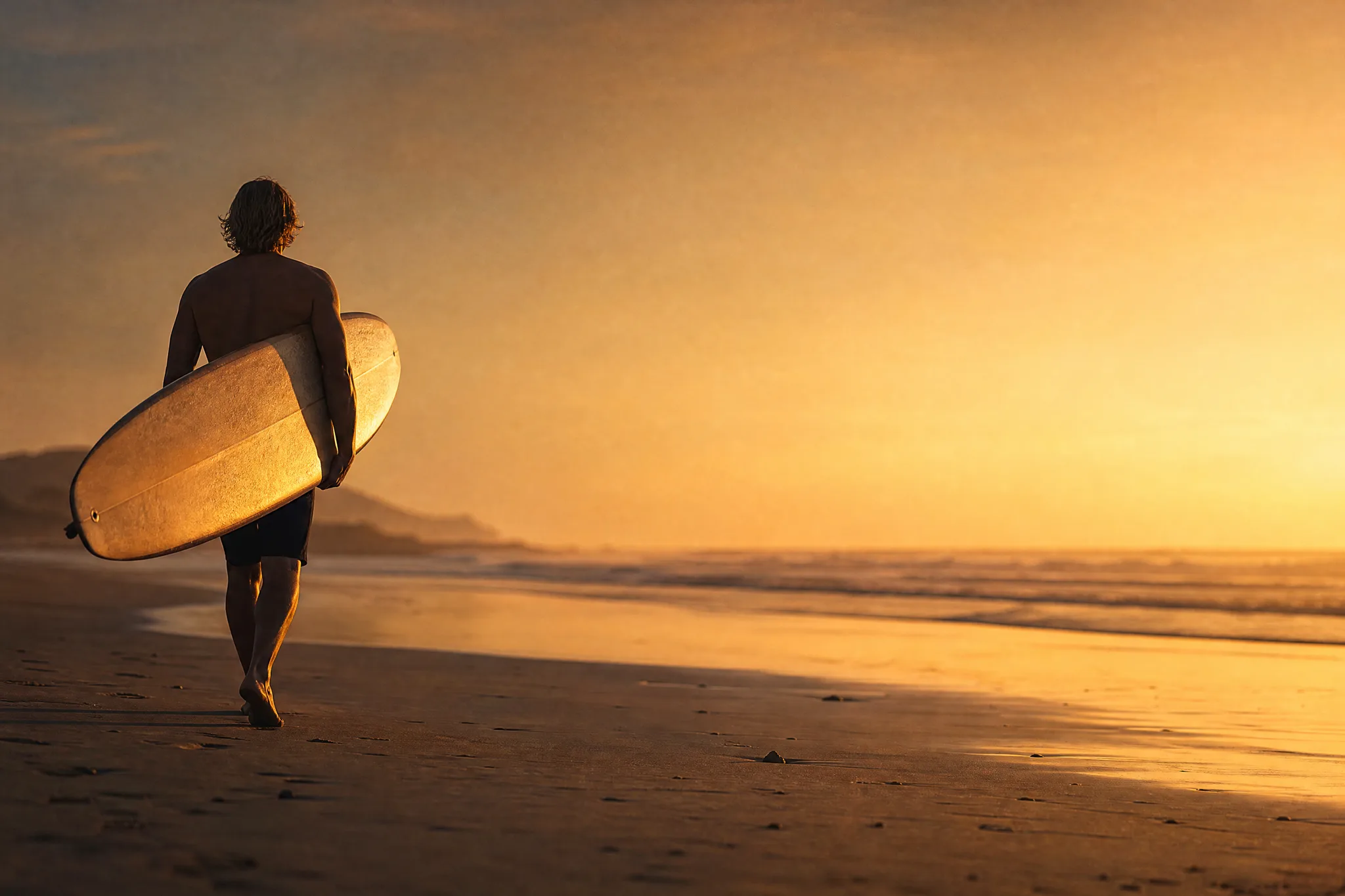 Surfer with a longboard on the left of an empty beach at dusk with clear space on the right