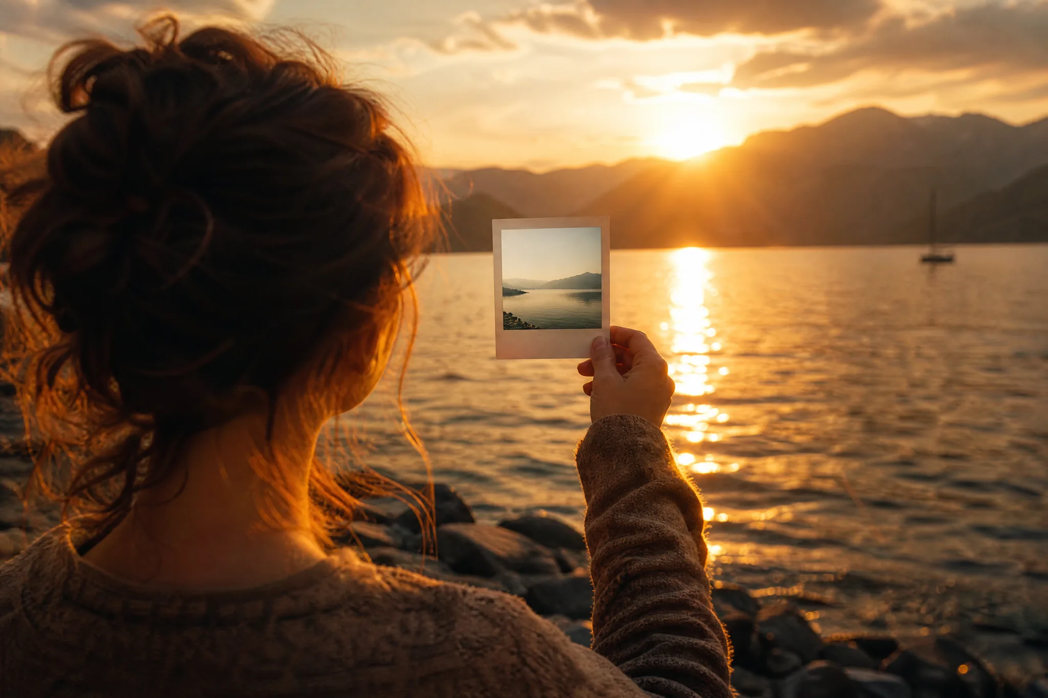 Woman holding a daylight instant print of a lake up against the same lake at sunset
