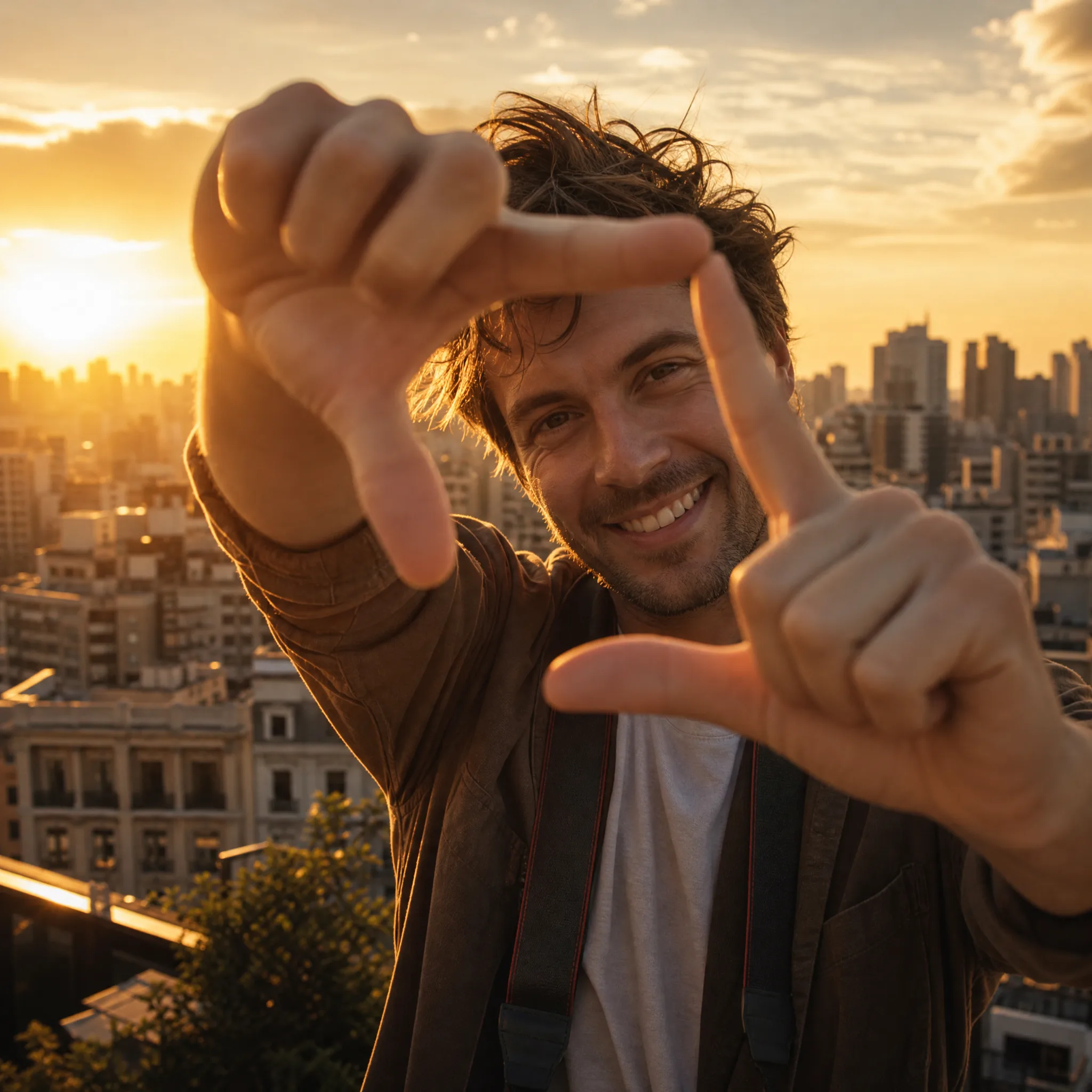 Young man on a rooftop framing a golden-hour city view with his fingers